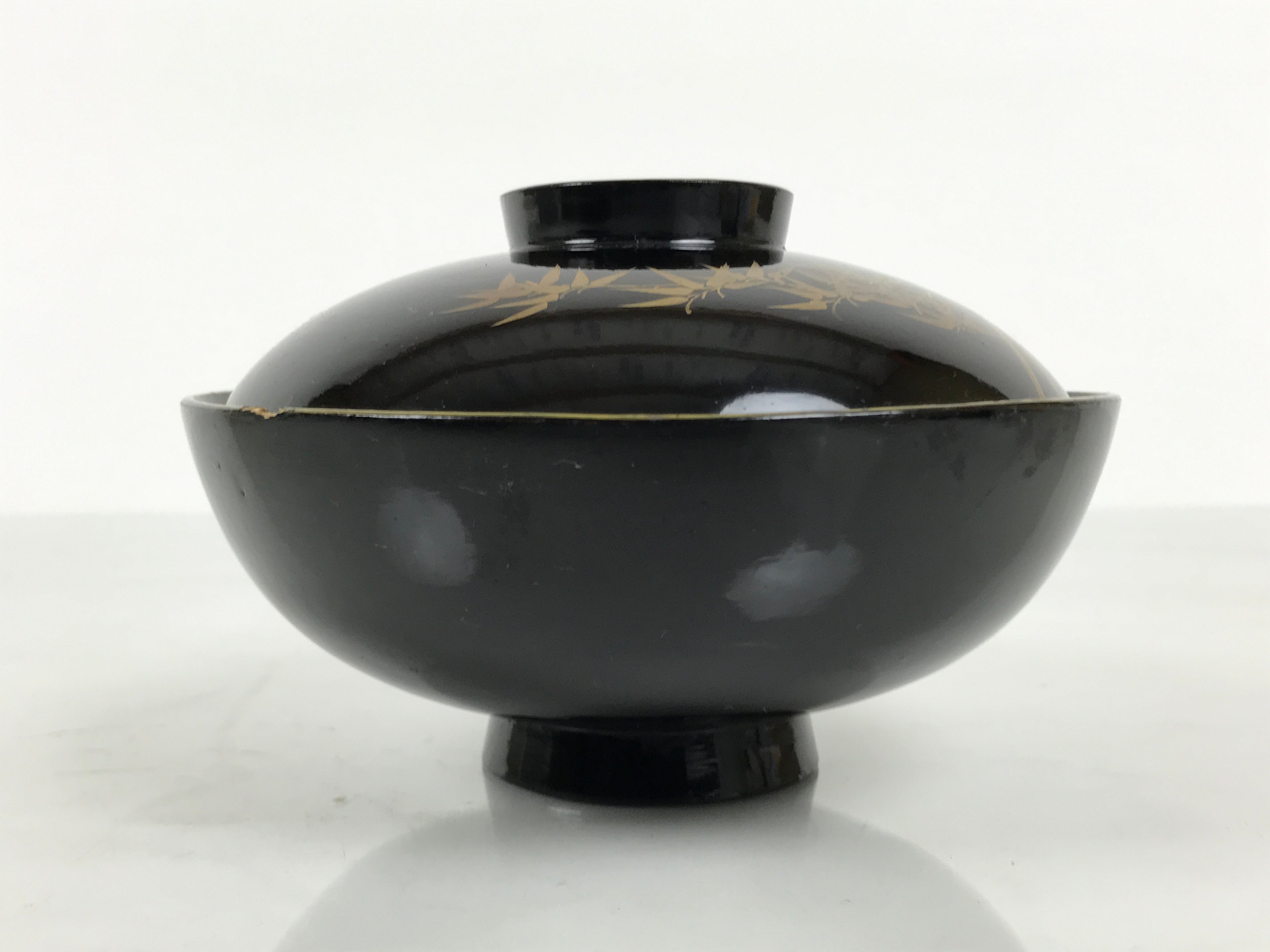 Japanese Lacquer Wood Lidded Bowl Owan Vtg Makie Black Gold Shochikubai LB197-KT - Bowl-chidorivintage.com