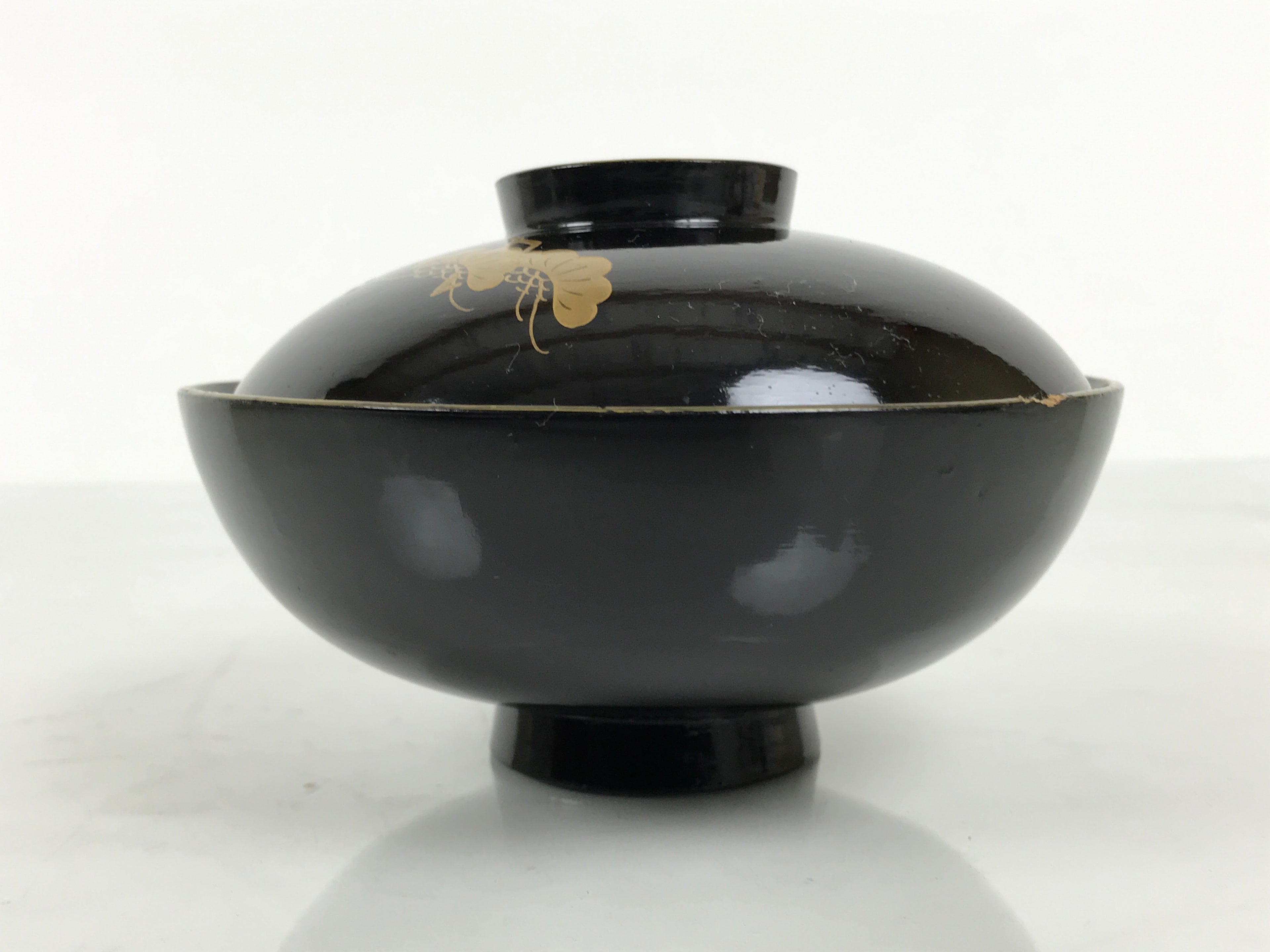 Japanese Lacquer Wood Lidded Bowl Owan Vtg Makie Black Gold Shochikubai LB197-KT - Bowl-chidorivintage.com