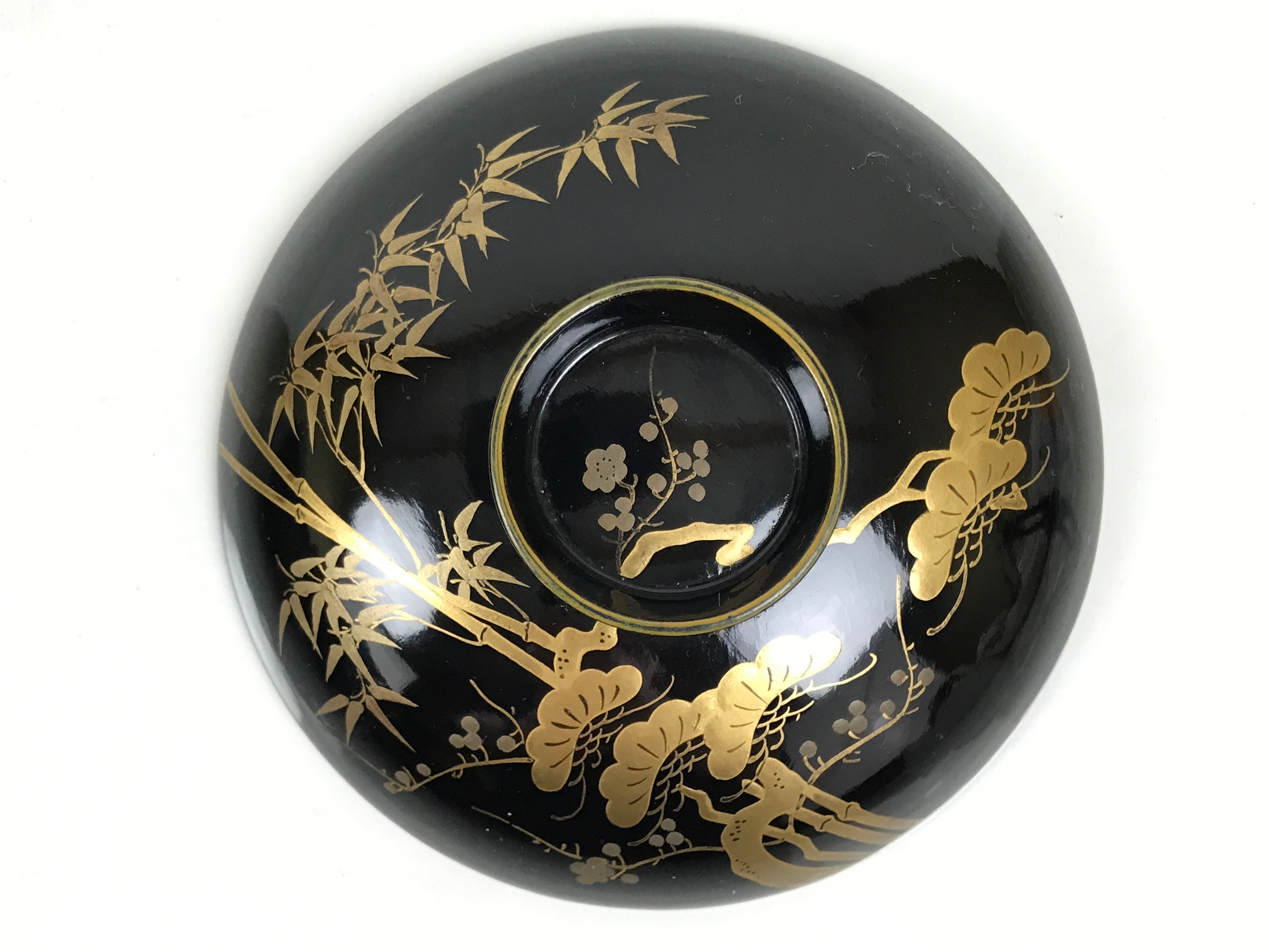 Japanese Lacquer Wood Lidded Bowl Owan Vtg Makie Black Gold Shochikubai LB197-KT - Bowl-chidorivintage.com