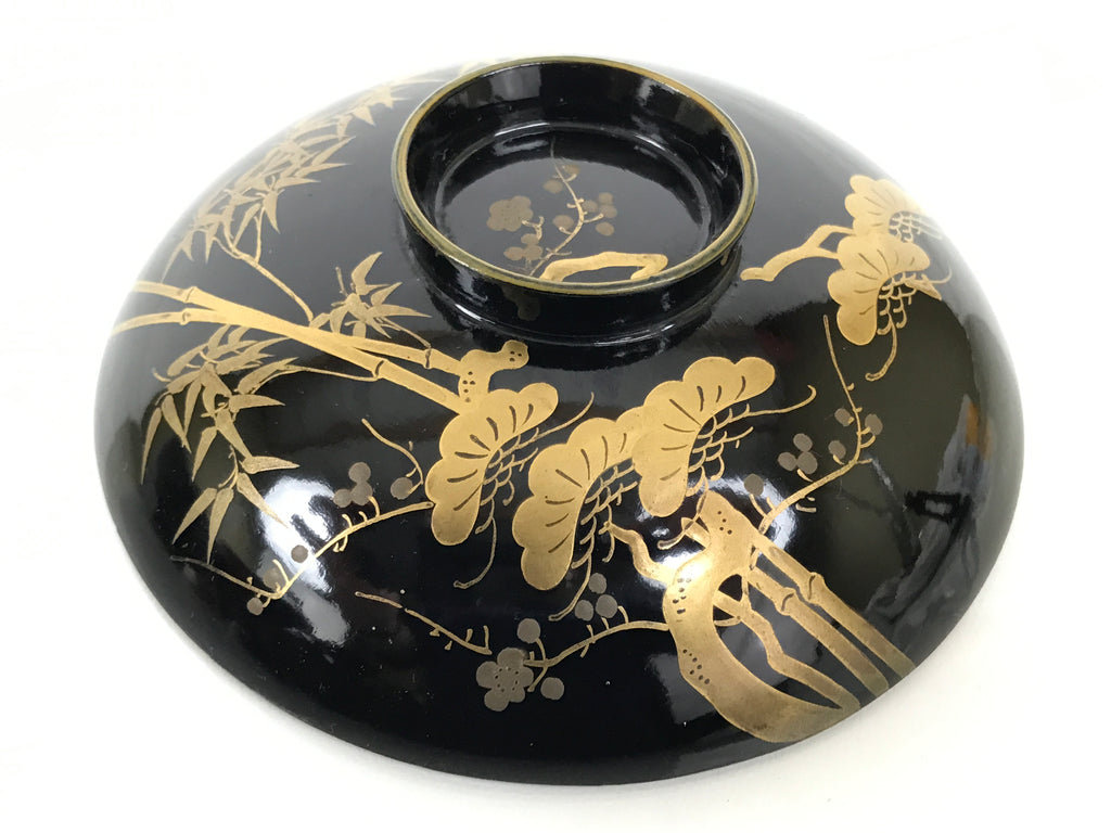 Japanese Lacquer Wood Lidded Bowl Owan Vtg Makie Black Gold Shochikubai LB197-KT - Bowl-chidorivintage.com