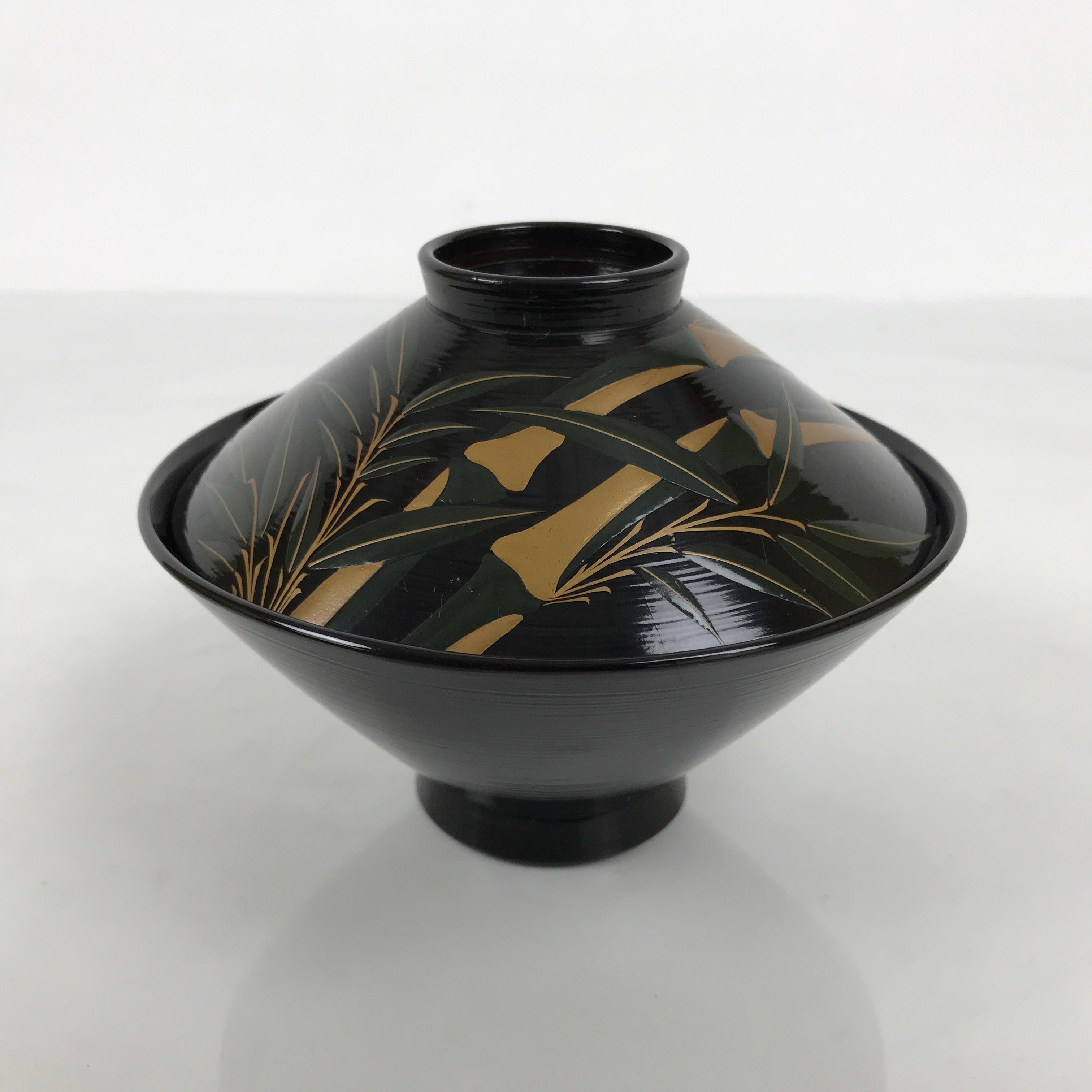Japanese Lacquer Wood Lidded Bowl Owan Vtg Makie Black Gold Bamboo Plum LB194-KT - Bowl-chidorivintage.com