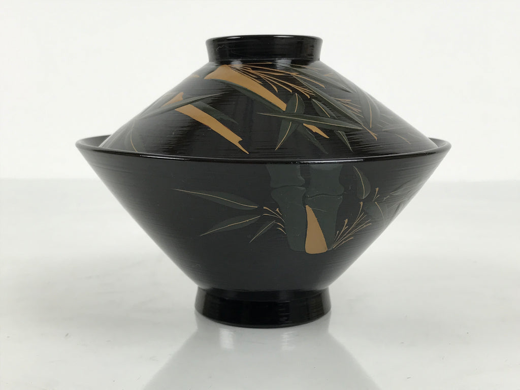 Japanese Lacquer Wood Lidded Bowl Owan Vtg Makie Black Gold Bamboo Plum LB194-KT - Bowl-chidorivintage.com