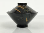 Japanese Lacquer Wood Lidded Bowl Owan Vtg Makie Black Gold Bamboo Plum LB194-KT - Bowl-chidorivintage.com