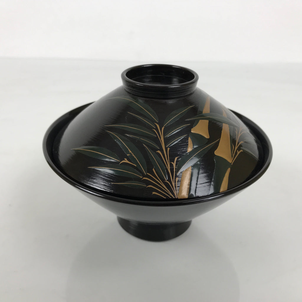 Japanese Lacquer Wood Lidded Bowl Owan Vtg Makie Black Gold Bamboo Plum LB195-KT - Bowl-chidorivintage.com