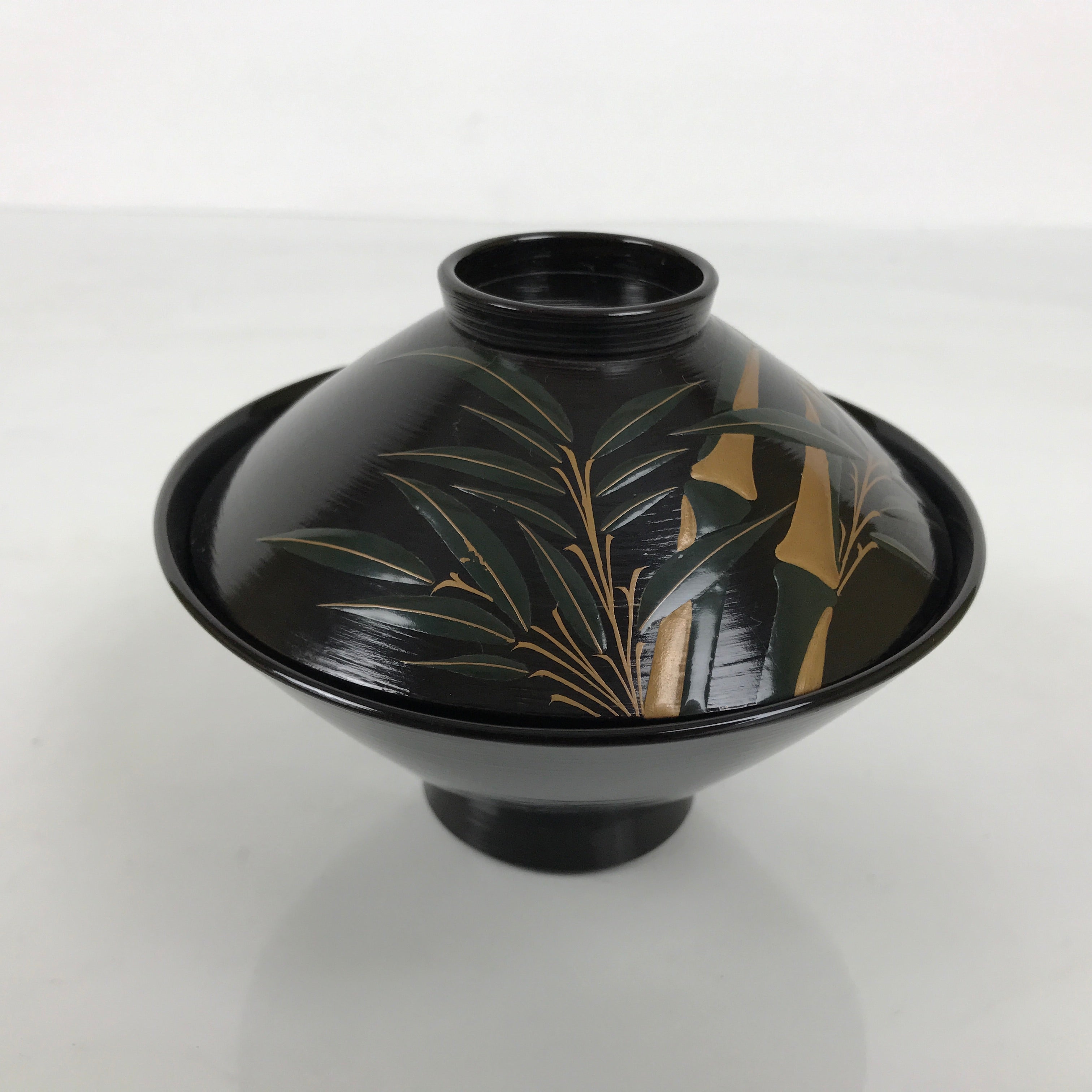 Japanese Lacquer Wood Lidded Bowl Owan Vtg Makie Black Gold Bamboo Plum LB195-KT - Bowl-chidorivintage.com