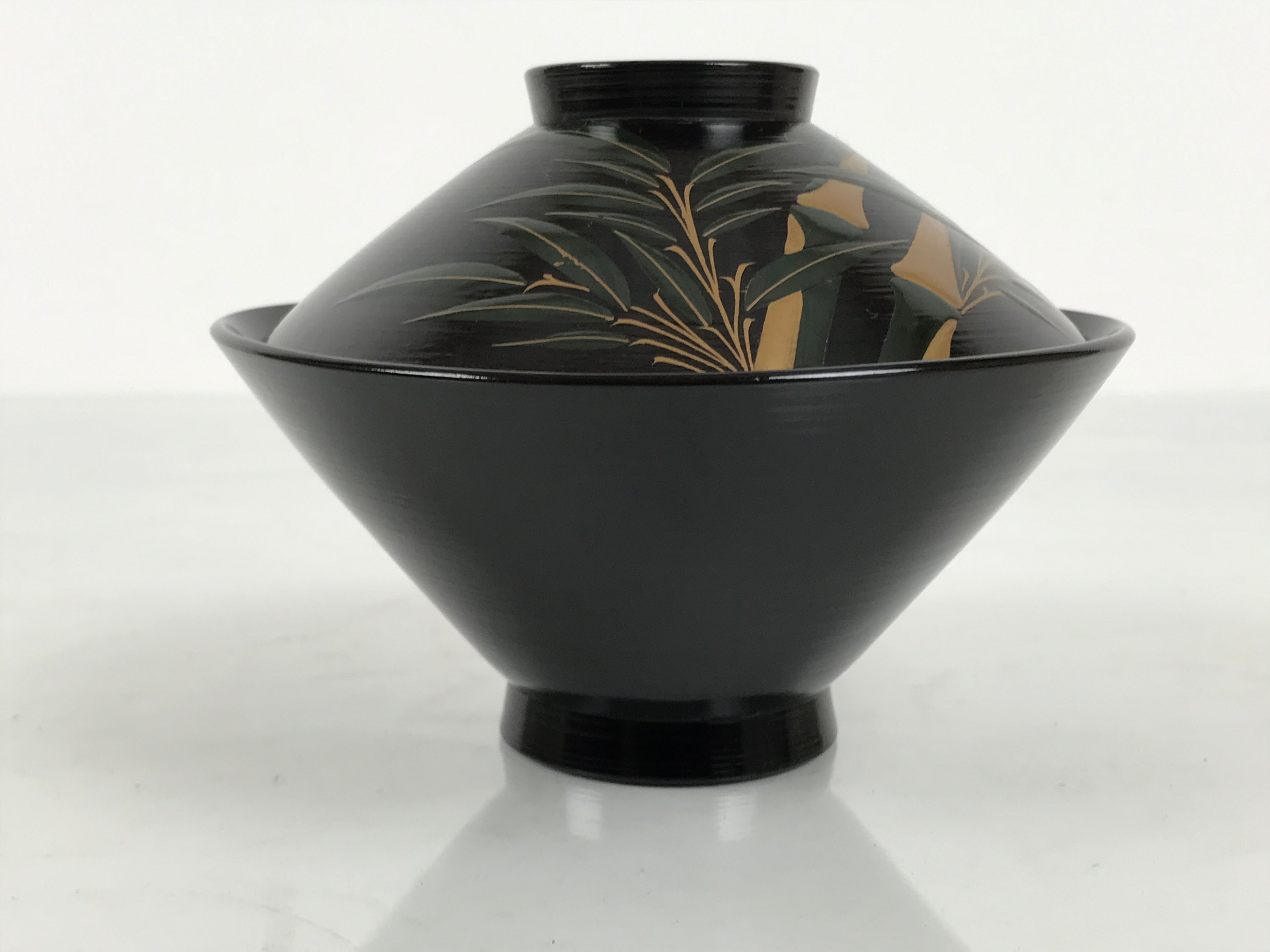 Japanese Lacquer Wood Lidded Bowl Owan Vtg Makie Black Gold Bamboo Plum LB195-KT - Bowl-chidorivintage.com