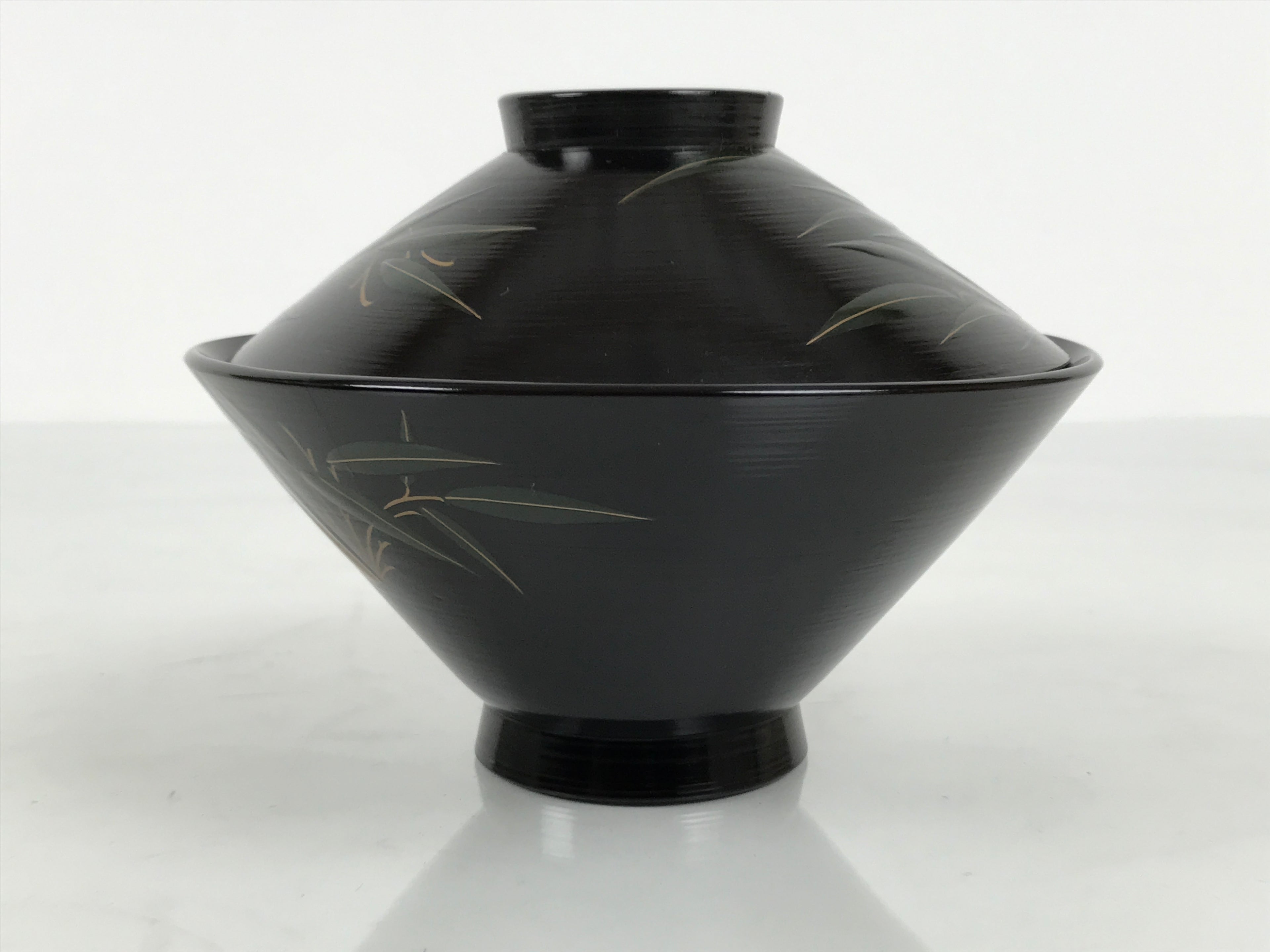 Japanese Lacquer Wood Lidded Bowl Owan Vtg Makie Black Gold Bamboo Plum LB195-KT - Bowl-chidorivintage.com