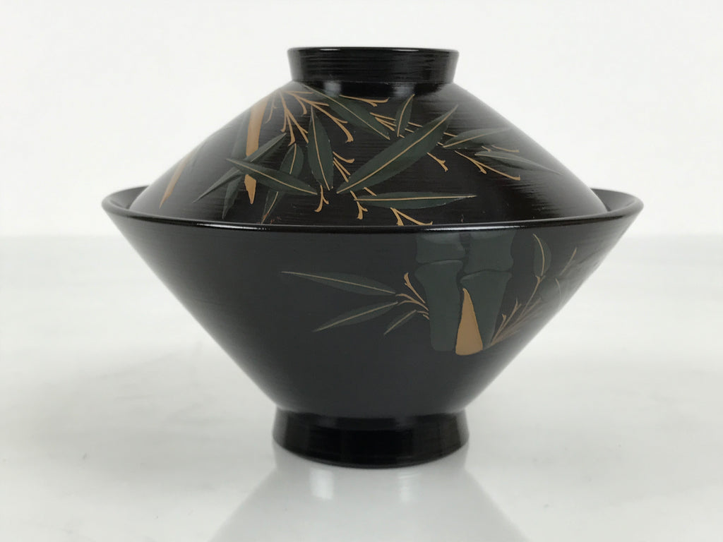 Japanese Lacquer Wood Lidded Bowl Owan Vtg Makie Black Gold Bamboo Plum LB195-KT - Bowl-chidorivintage.com