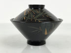 Japanese Lacquer Wood Lidded Bowl Owan Vtg Makie Black Gold Bamboo Plum LB195-KT - Bowl-chidorivintage.com