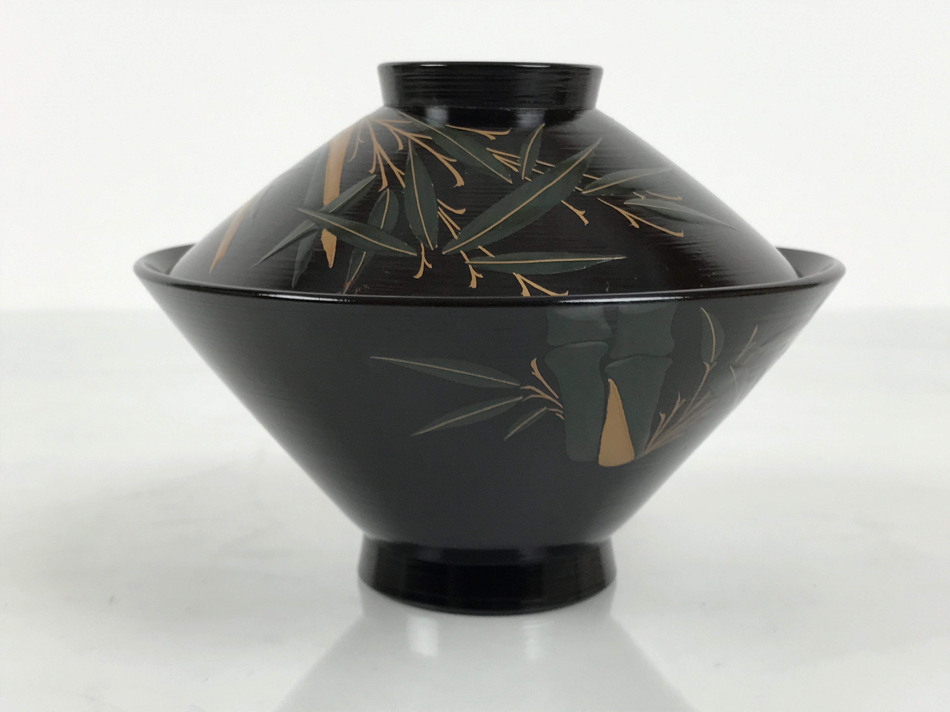 Japanese Lacquer Wood Lidded Bowl Owan Vtg Makie Black Gold Bamboo Plum LB195-KT - Bowl-chidorivintage.com