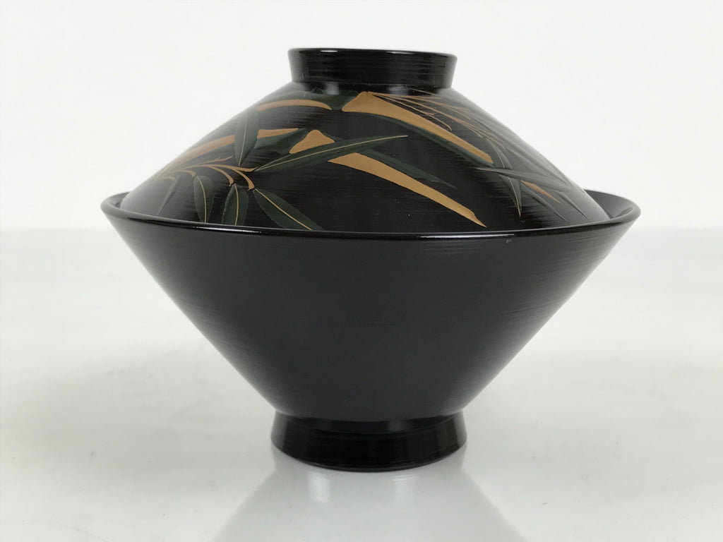 Japanese Lacquer Wood Lidded Bowl Owan Vtg Makie Black Gold Bamboo Plum LB195-KT - Bowl-chidorivintage.com