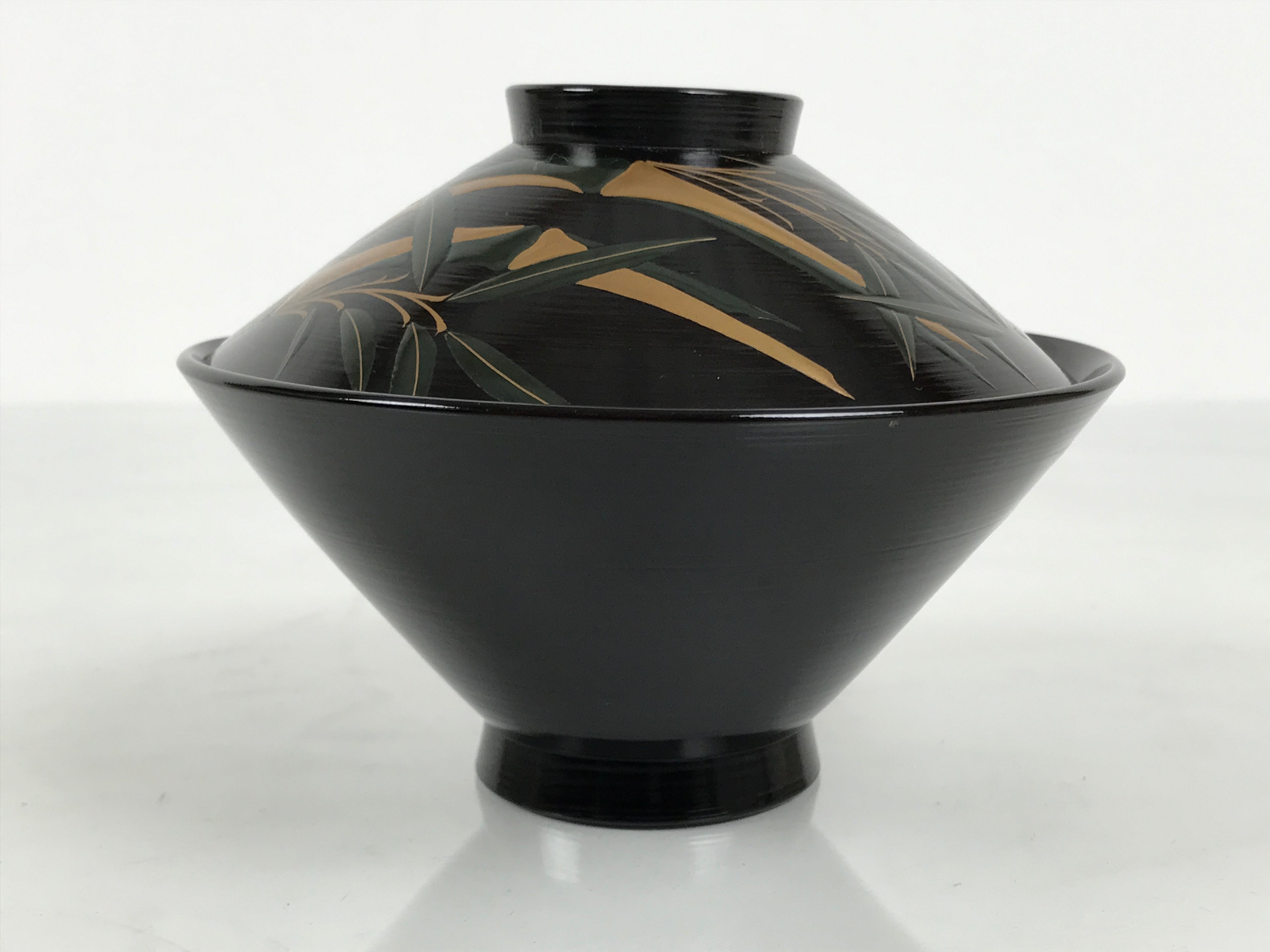 Japanese Lacquer Wood Lidded Bowl Owan Vtg Makie Black Gold Bamboo Plum LB195-KT - Bowl-chidorivintage.com