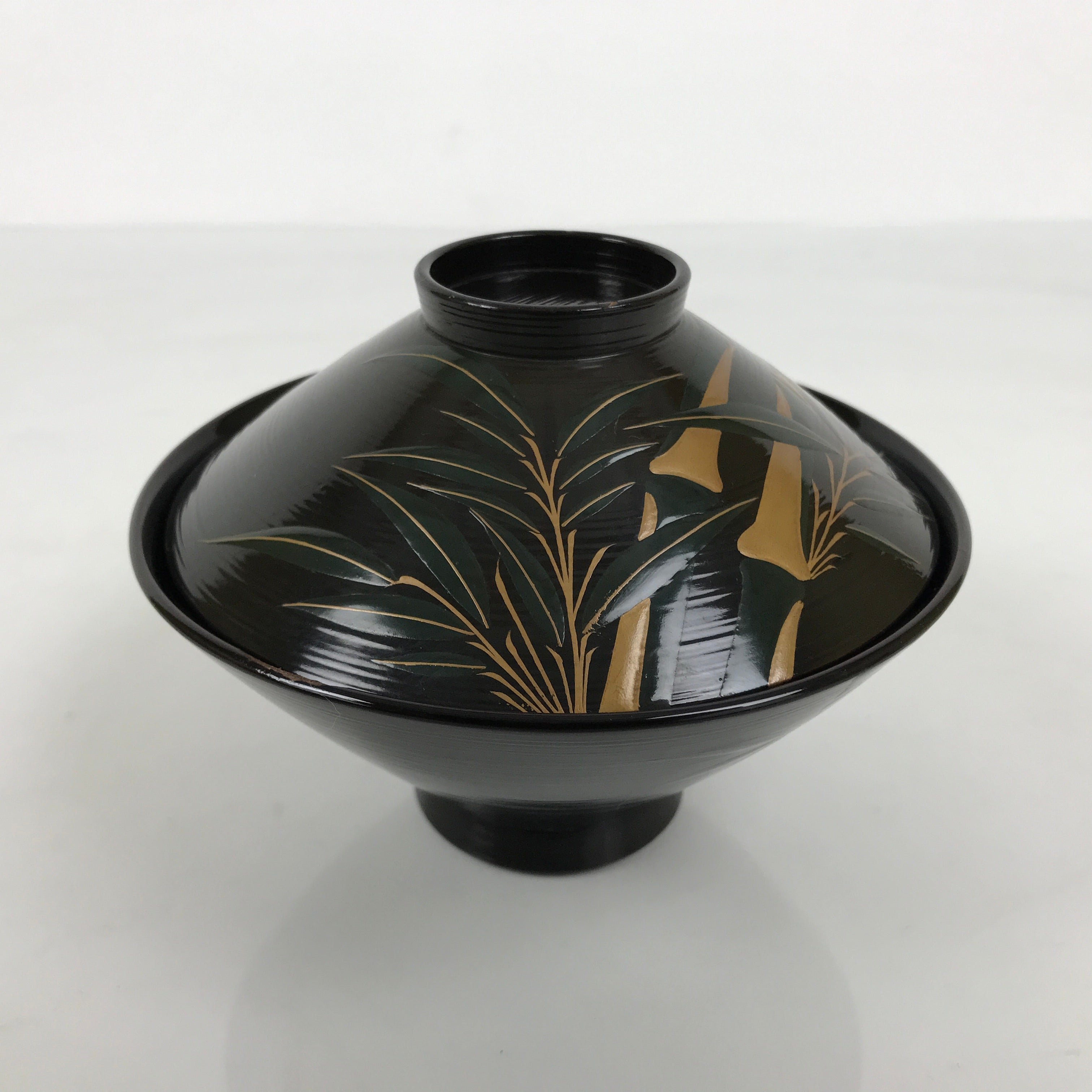 Japanese Lacquer Wood Lidded Bowl Owan Vtg Makie Black Gold Bamboo Plum LB196-KT - Bowl-chidorivintage.com