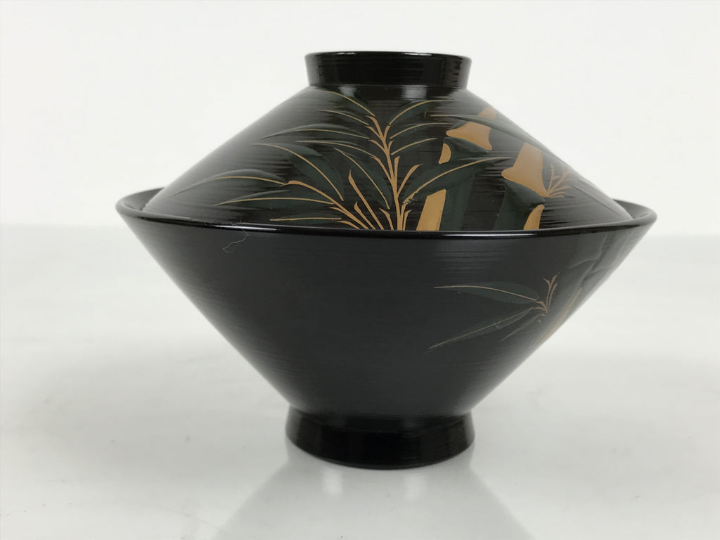 Japanese Lacquer Wood Lidded Bowl Owan Vtg Makie Black Gold Bamboo Plum LB196-KT - Bowl-chidorivintage.com