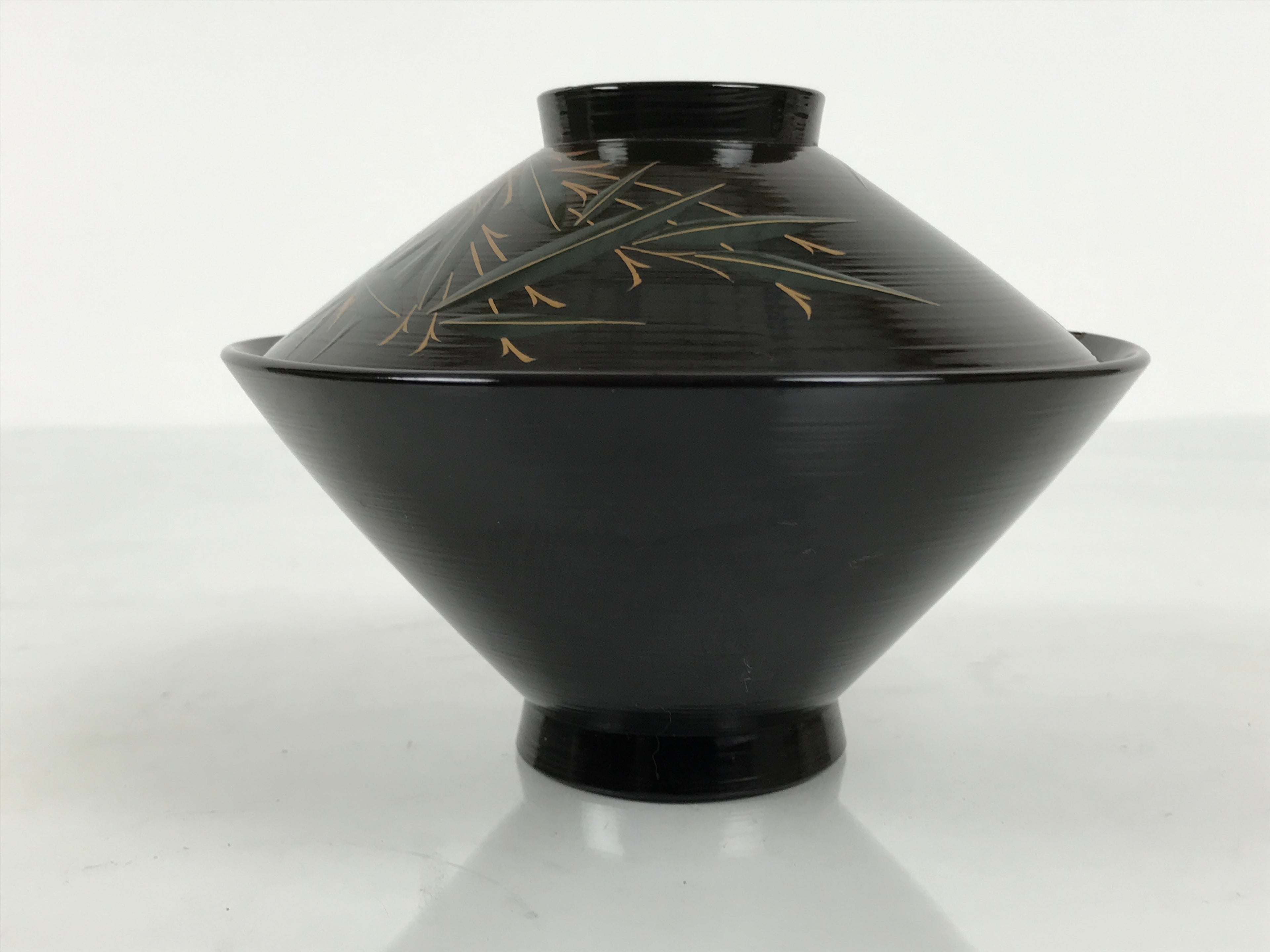 Japanese Lacquer Wood Lidded Bowl Owan Vtg Makie Black Gold Bamboo Plum LB196-KT - Bowl-chidorivintage.com
