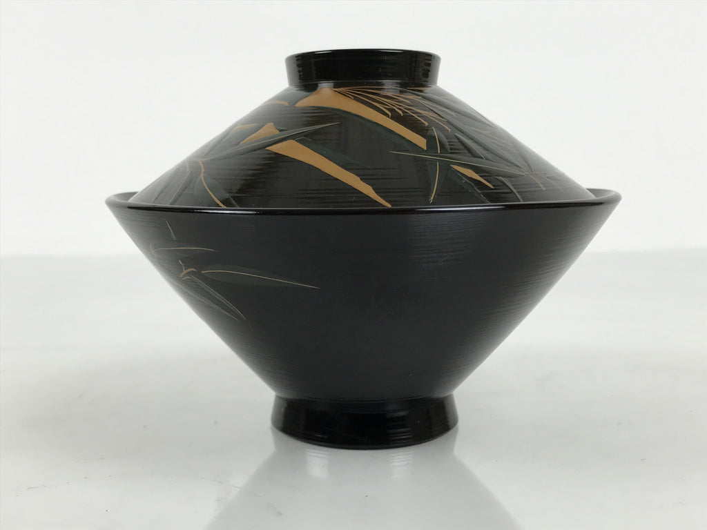 Japanese Lacquer Wood Lidded Bowl Owan Vtg Makie Black Gold Bamboo Plum LB196-KT - Bowl-chidorivintage.com
