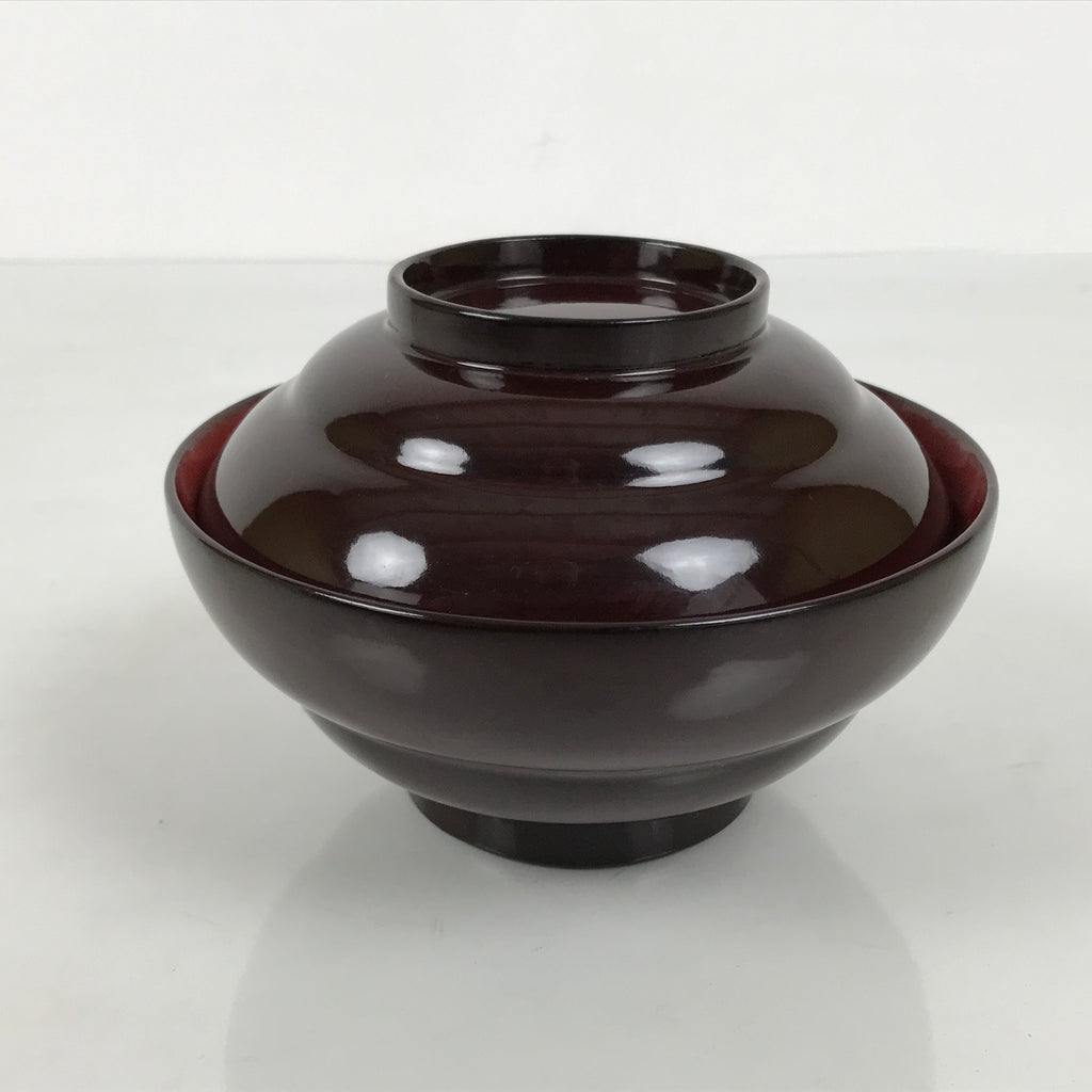 Japanese Lacquered Wooden Lidded Bowl Soup Owan Vtg Simple Brown Red LB199-KT - Bowl-chidorivintage.com