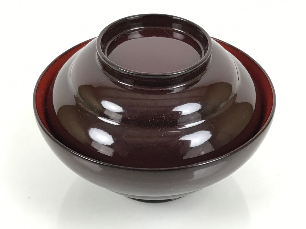 Japanese Lacquered Wooden Lidded Bowl Soup Owan Vtg Simple Brown Red LB202-KT - Bowl-chidorivintage.com