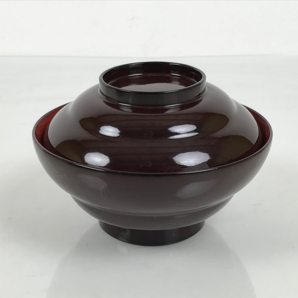 Japanese Lacquered Wooden Lidded Bowl Soup Owan Vtg Simple Brown Red LB203-KT - Bowl-chidorivintage.com