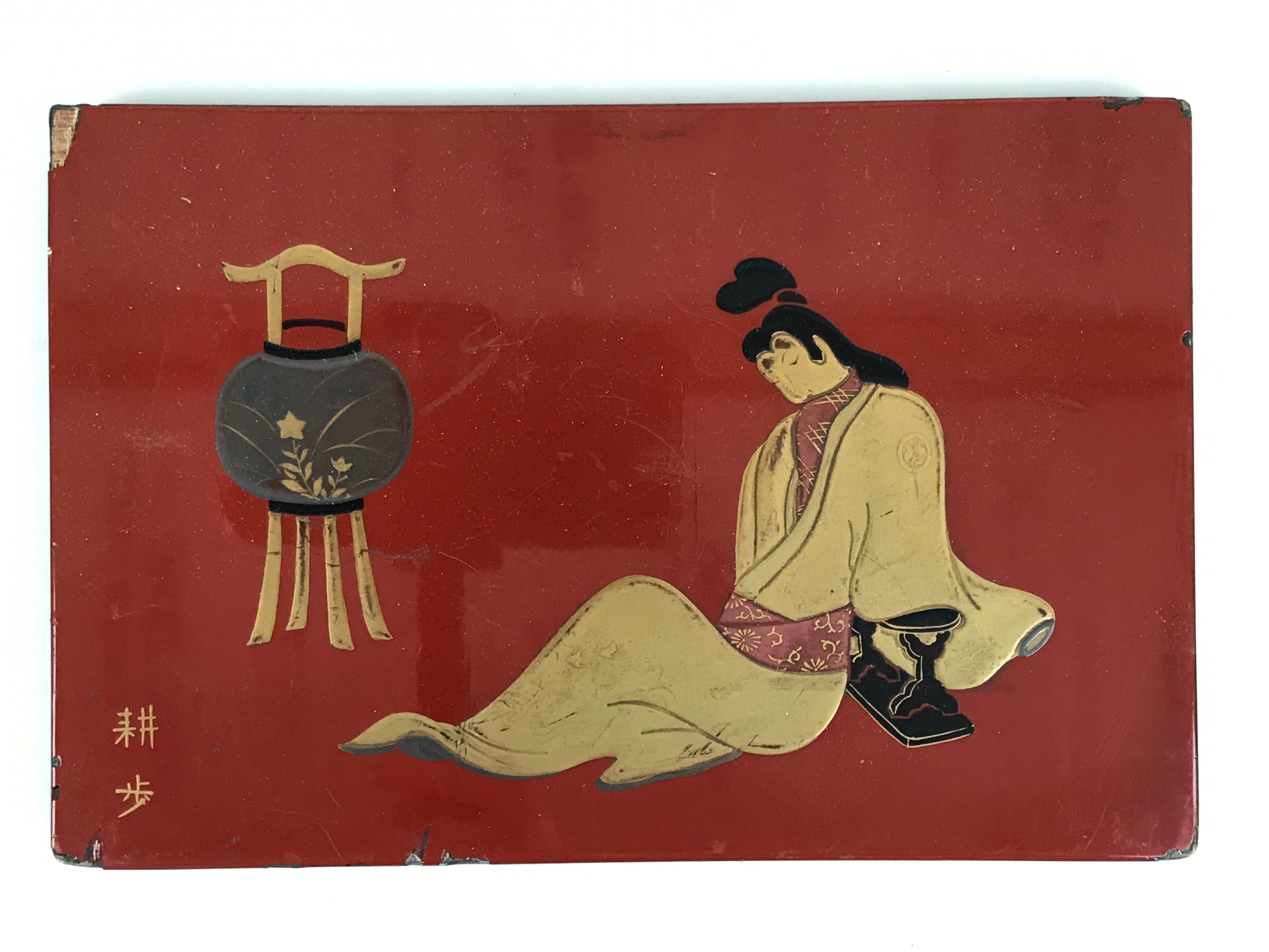 Antique Japanese Lacquered Wooden Tray Obon Lantern Woman Makie Gold Red L624-KT - Tray-chidorivintage.com