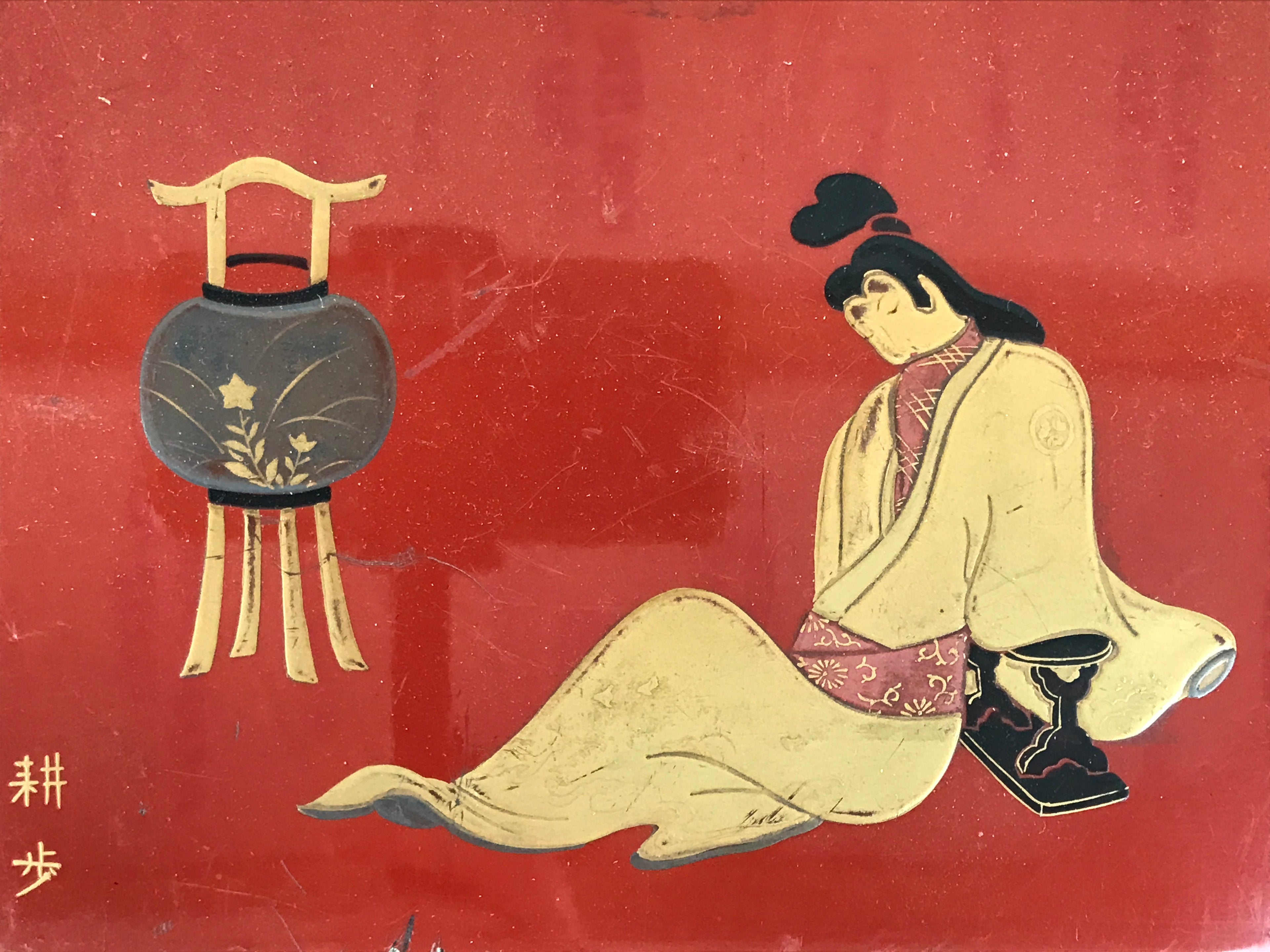 Antique Japanese Lacquered Wooden Tray Obon Lantern Woman Makie Gold Red L624-KT - Tray-chidorivintage.com