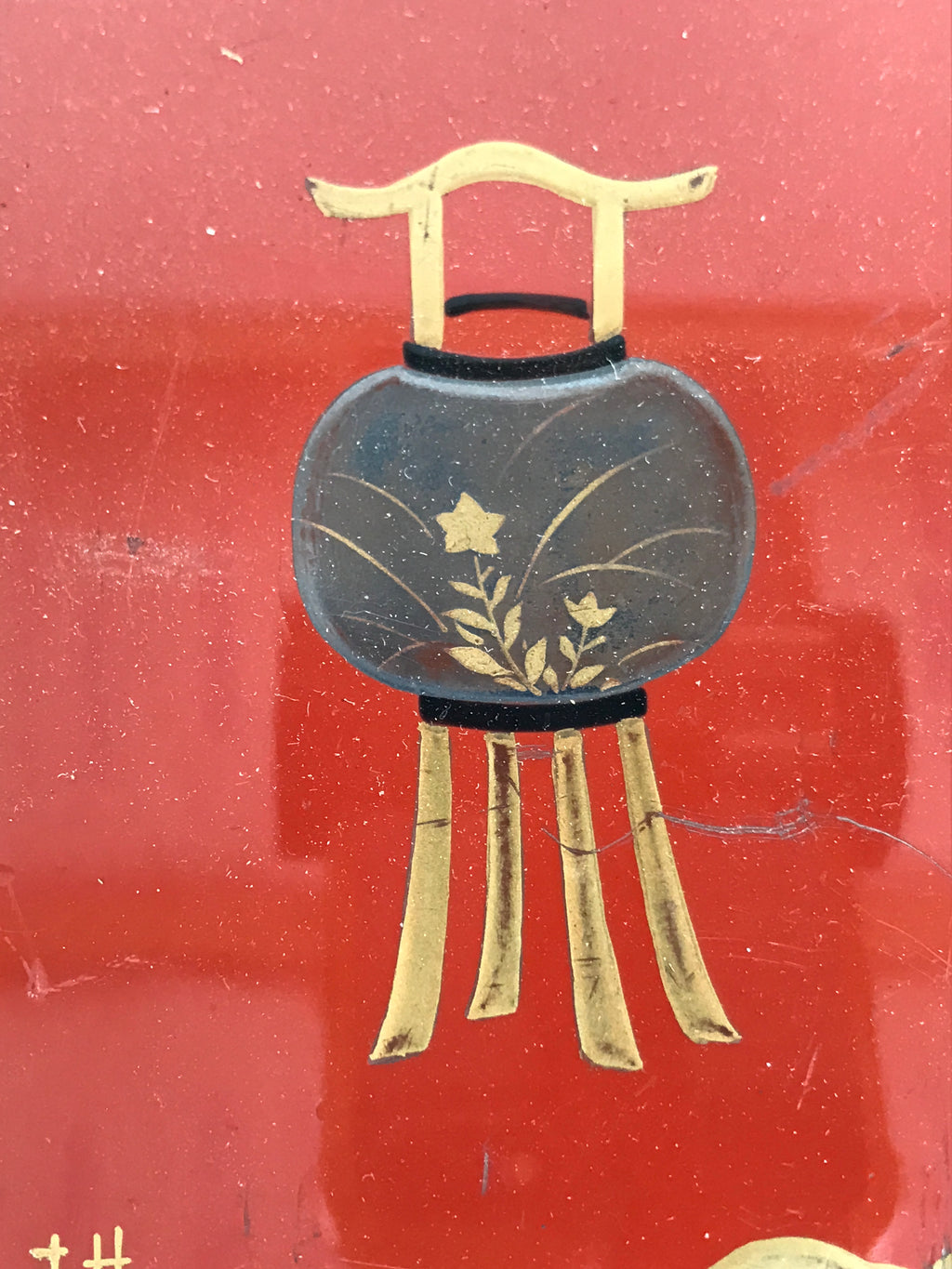 Antique Japanese Lacquered Wooden Tray Obon Lantern Woman Makie Gold Red L624-KT - Tray-chidorivintage.com