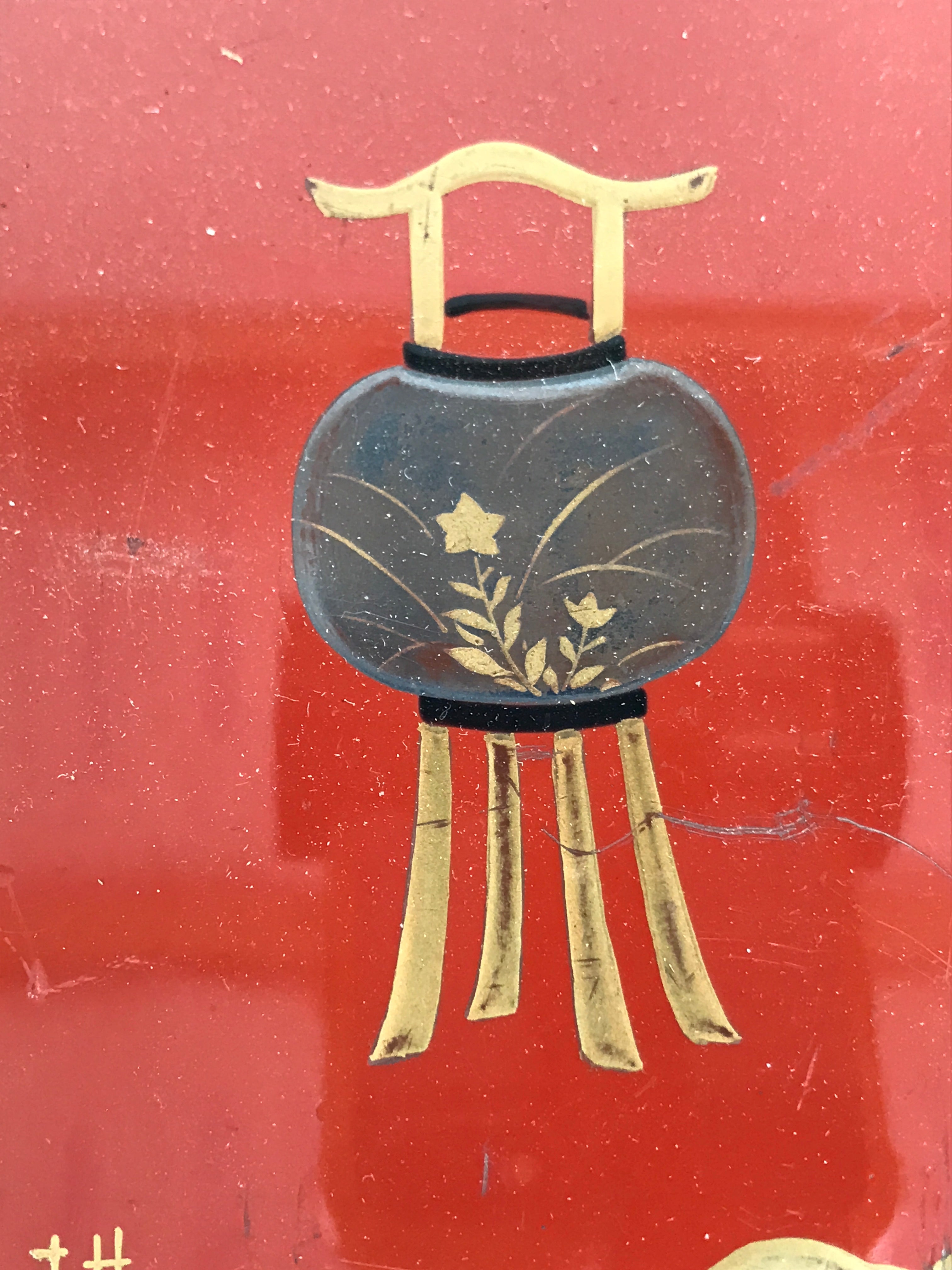 Antique Japanese Lacquered Wooden Tray Obon Lantern Woman Makie Gold Red L624-KT - Tray-chidorivintage.com