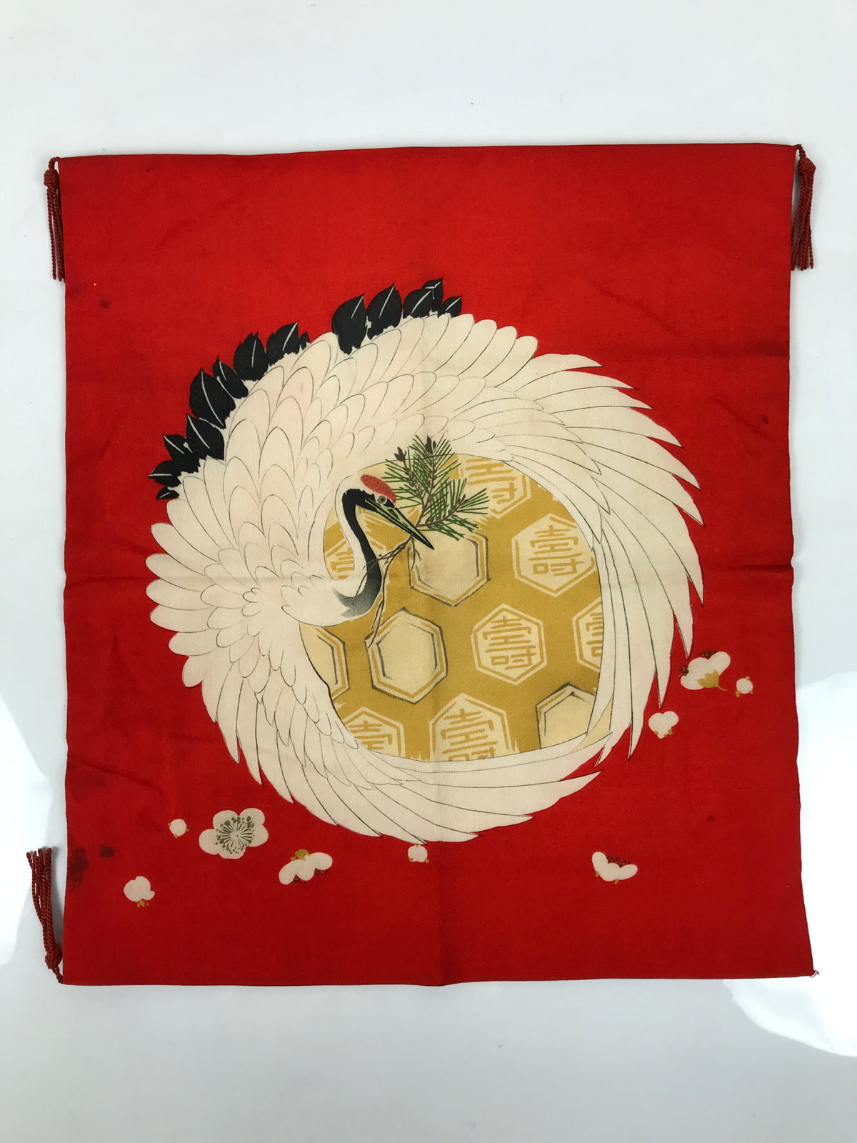 Japanese Fukusa Gift Envelope Silk Cover Vtg Crane Tsuru Wedding Birth Red BT21-TX - Other-chidorivintage.com