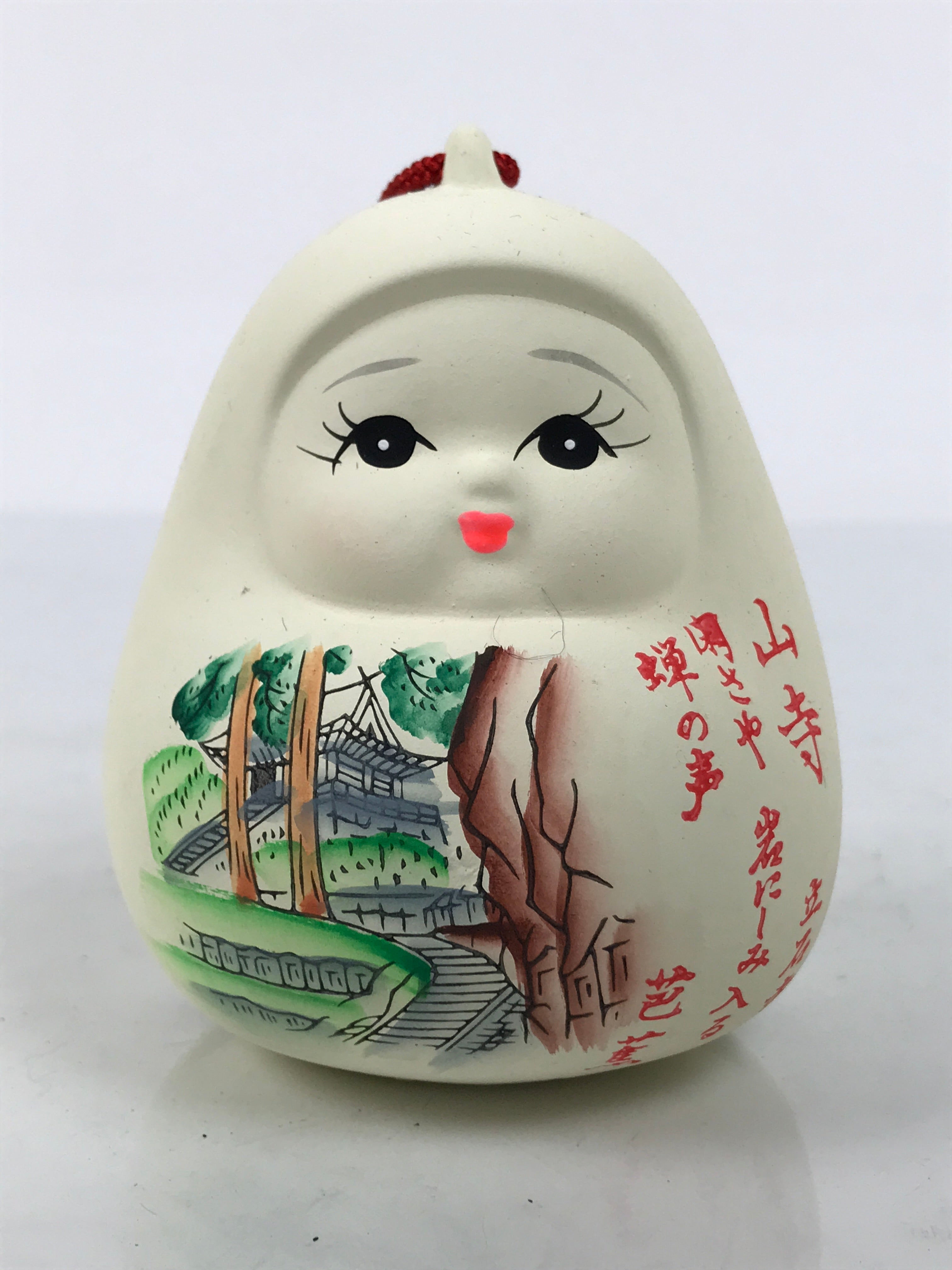 Japanese Clay Bell Dorei Hime Daruma Vtg Tsuchi-Suzu Basho Poem White DR691-AD - Dorei-chidorivintage.com