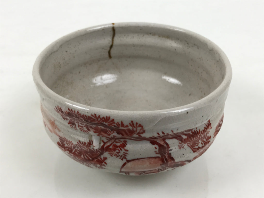 Japanese Ceramic Green Tea Bowl Matcha Chawan Vtg Pottery Kanji Gray Red CHB176-KT - Bowl-chidorivintage.com