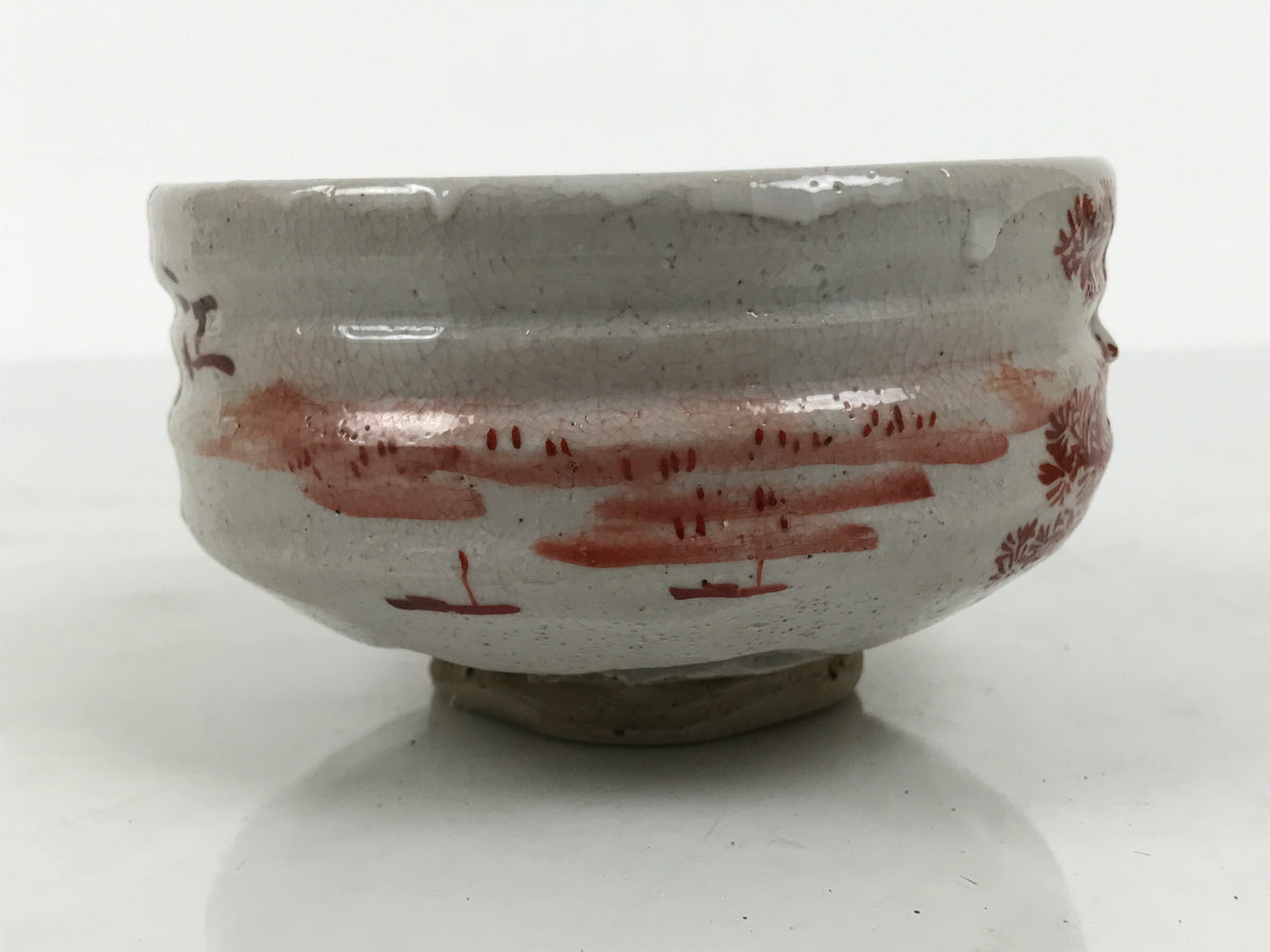 Japanese Ceramic Green Tea Bowl Matcha Chawan Vtg Pottery Kanji Gray Red CHB176-KT - Bowl-chidorivintage.com