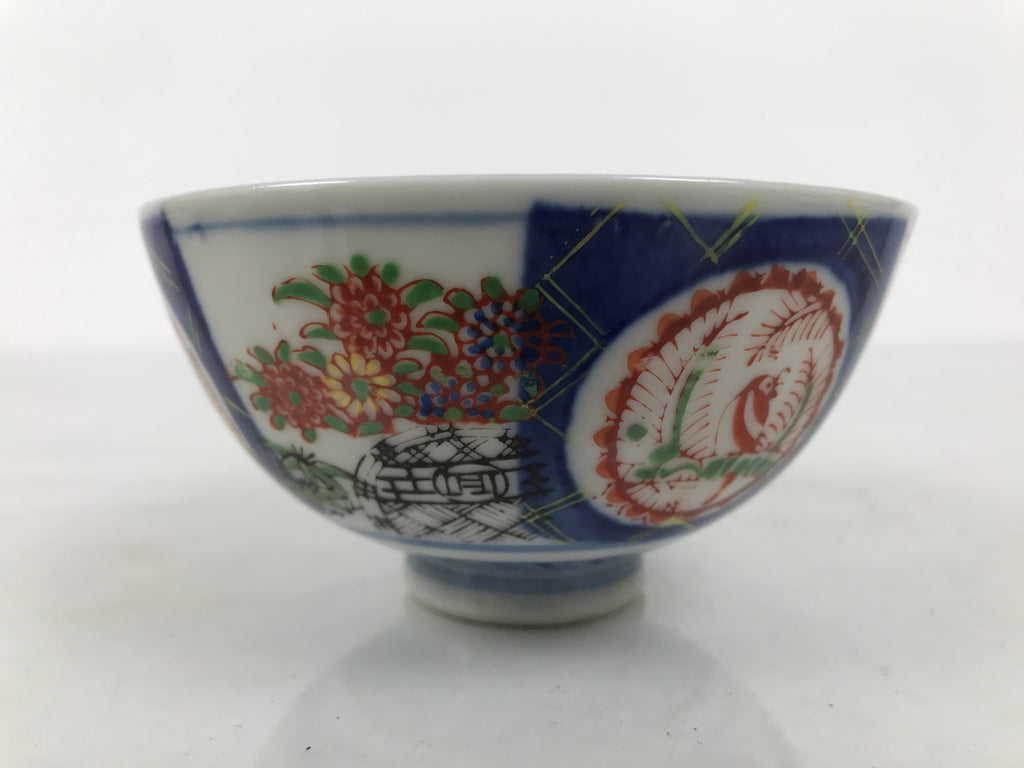 Japanese Porcelain Rice Bowl Chawan Vtg White Blue Red Floral Bird Lattice Y614-KT - Bowl-chidorivintage.com
