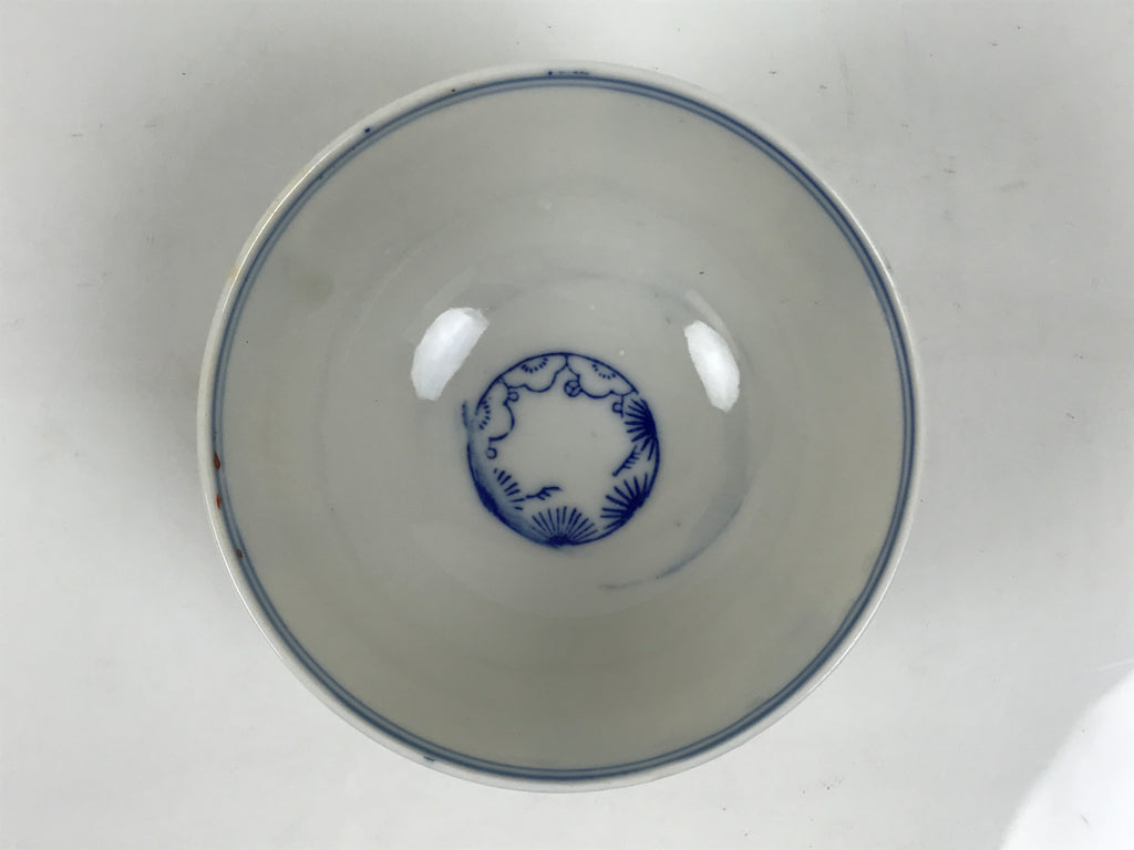 Japanese Porcelain Rice Bowl Chawan Vtg White Blue Red Floral Bird Lattice Y615-KT - Bowl-chidorivintage.com