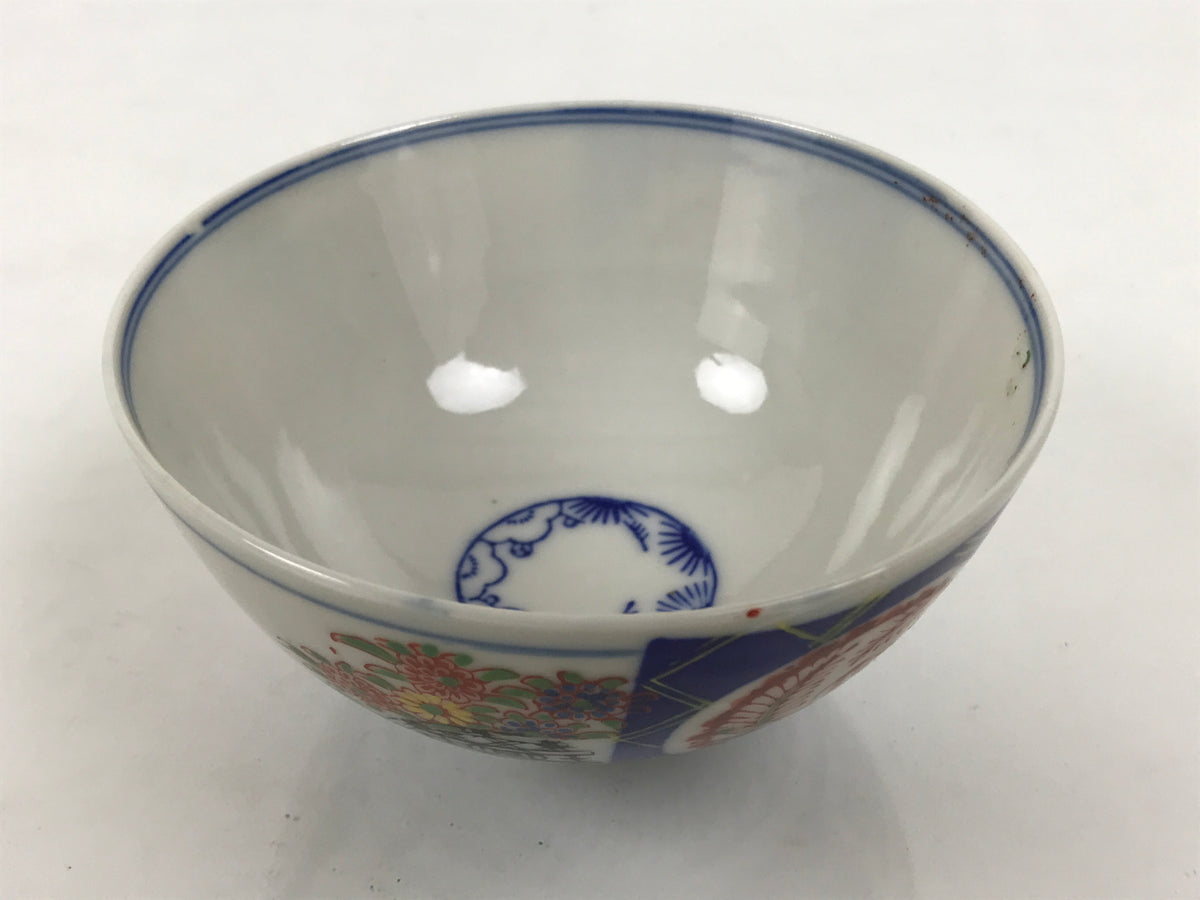 Japanese Porcelain Rice Bowl Chawan Vtg White Blue Red Floral Bird Lattice Y616-KT - Bowl-chidorivintage.com