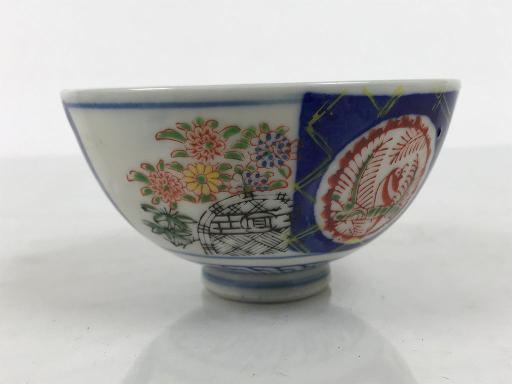 Japanese Porcelain Rice Bowl Chawan Vtg White Blue Red Floral Bird Lattice Y618-KT - Bowl-chidorivintage.com