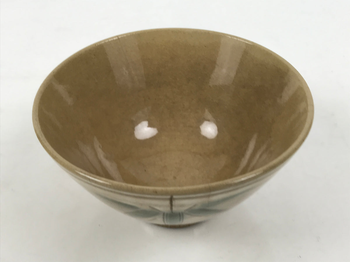 Japanese Ceramic Rice Bowl Chawan Vtg Bamboo Leaf Beige Crackle Pottery Y619-KT - Bowl-chidorivintage.com