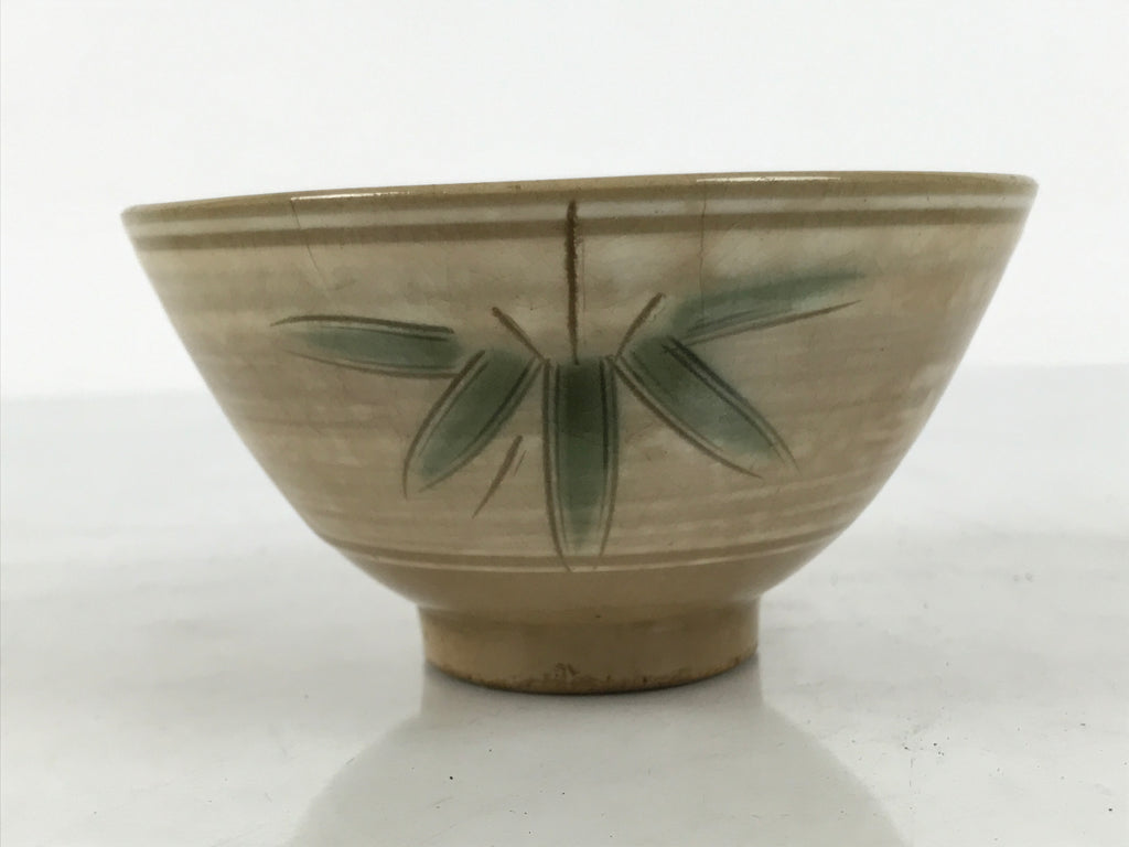 Japanese Ceramic Rice Bowl Chawan Vtg Bamboo Leaf Beige Crackle Pottery Y619-KT - Bowl-chidorivintage.com