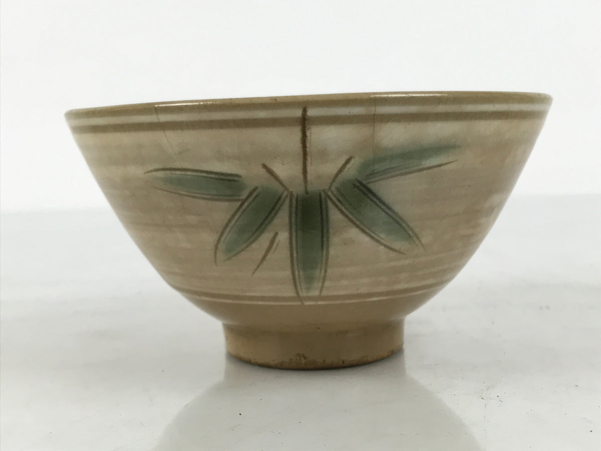 Japanese Ceramic Rice Bowl Chawan Vtg Bamboo Leaf Beige Crackle Pottery Y619-KT - Bowl-chidorivintage.com
