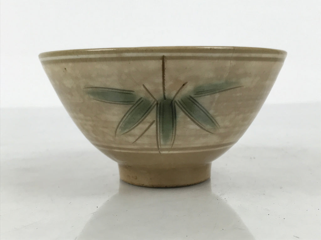 Japanese Ceramic Rice Bowl Chawan Vtg Bamboo Leaf Beige Crackle Pottery Y619-KT - Bowl-chidorivintage.com