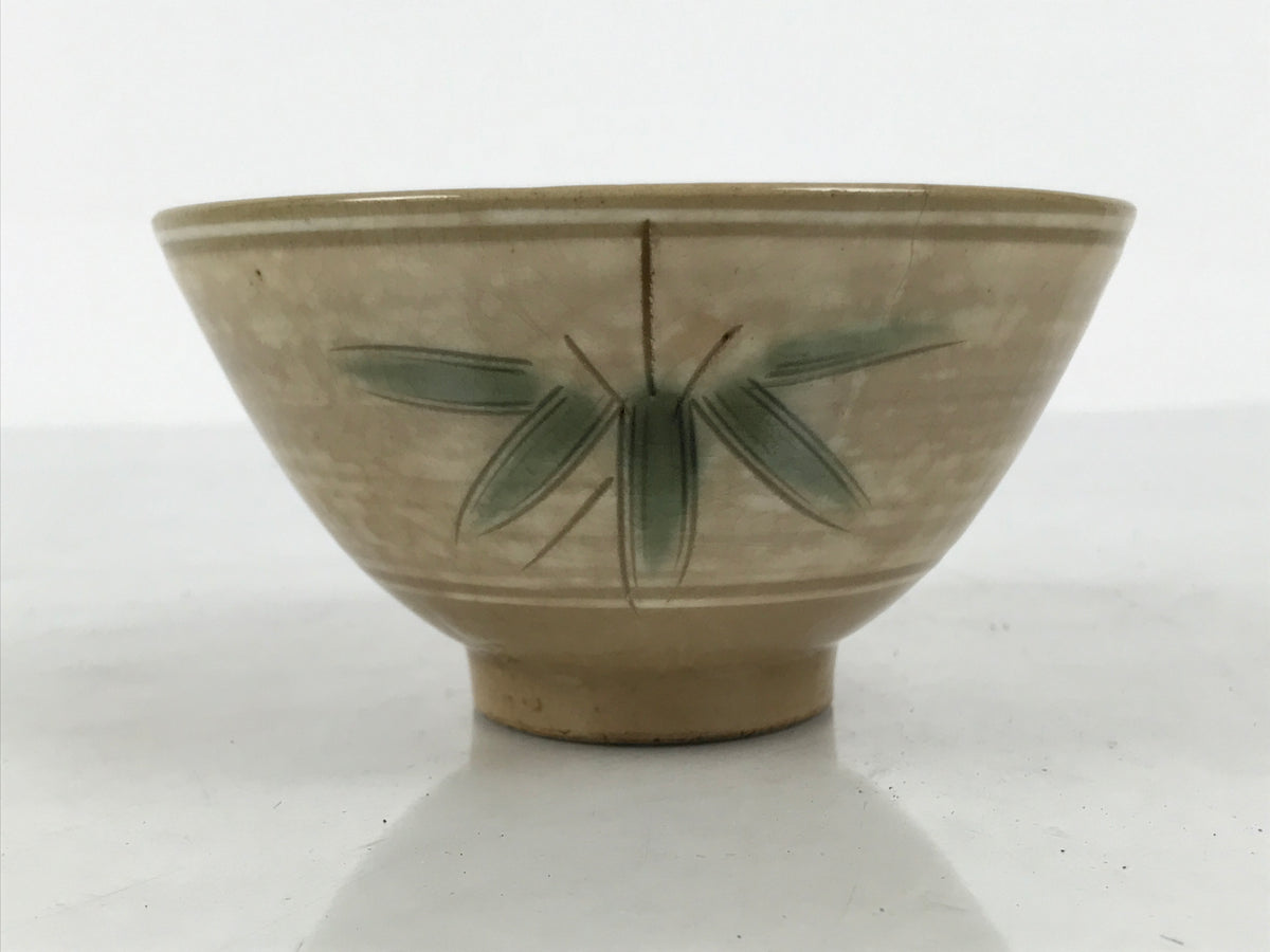 Japanese Ceramic Rice Bowl Chawan Vtg Bamboo Leaf Beige Crackle Pottery Y619-KT - Bowl-chidorivintage.com