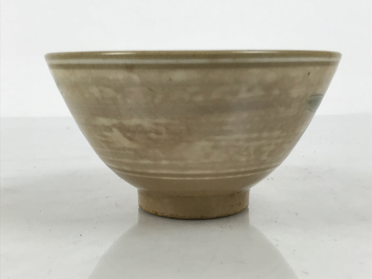 Japanese Ceramic Rice Bowl Chawan Vtg Bamboo Leaf Beige Crackle Pottery Y619-KT - Bowl-chidorivintage.com