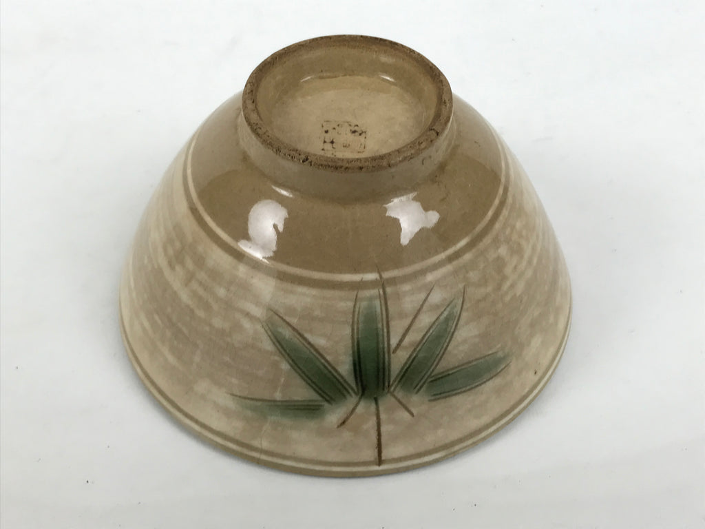 Japanese Ceramic Rice Bowl Chawan Vtg Bamboo Leaf Beige Crackle Pottery Y619-KT - Bowl-chidorivintage.com