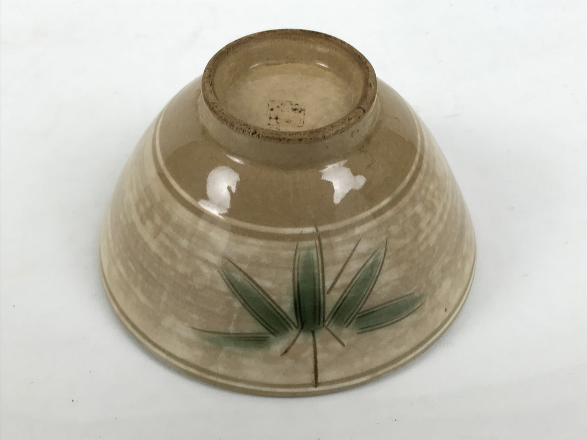 Japanese Ceramic Rice Bowl Chawan Vtg Bamboo Leaf Beige Crackle Pottery Y619-KT - Bowl-chidorivintage.com