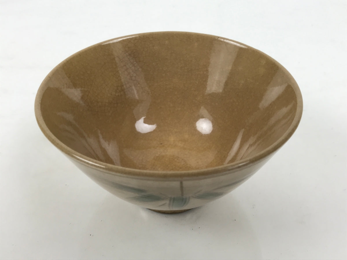 Japanese Ceramic Rice Bowl Chawan Vtg Bamboo Leaf Beige Crackle Pottery Y620-KT - Bowl-chidorivintage.com