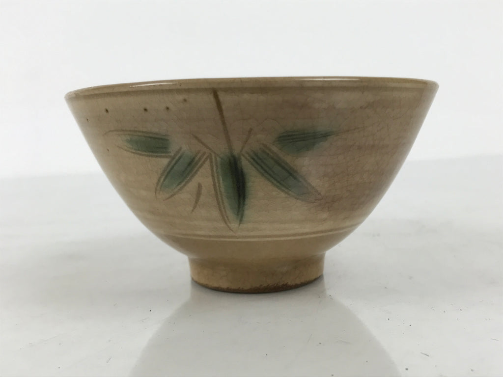 Japanese Ceramic Rice Bowl Chawan Vtg Bamboo Leaf Beige Crackle Pottery Y620-KT - Bowl-chidorivintage.com