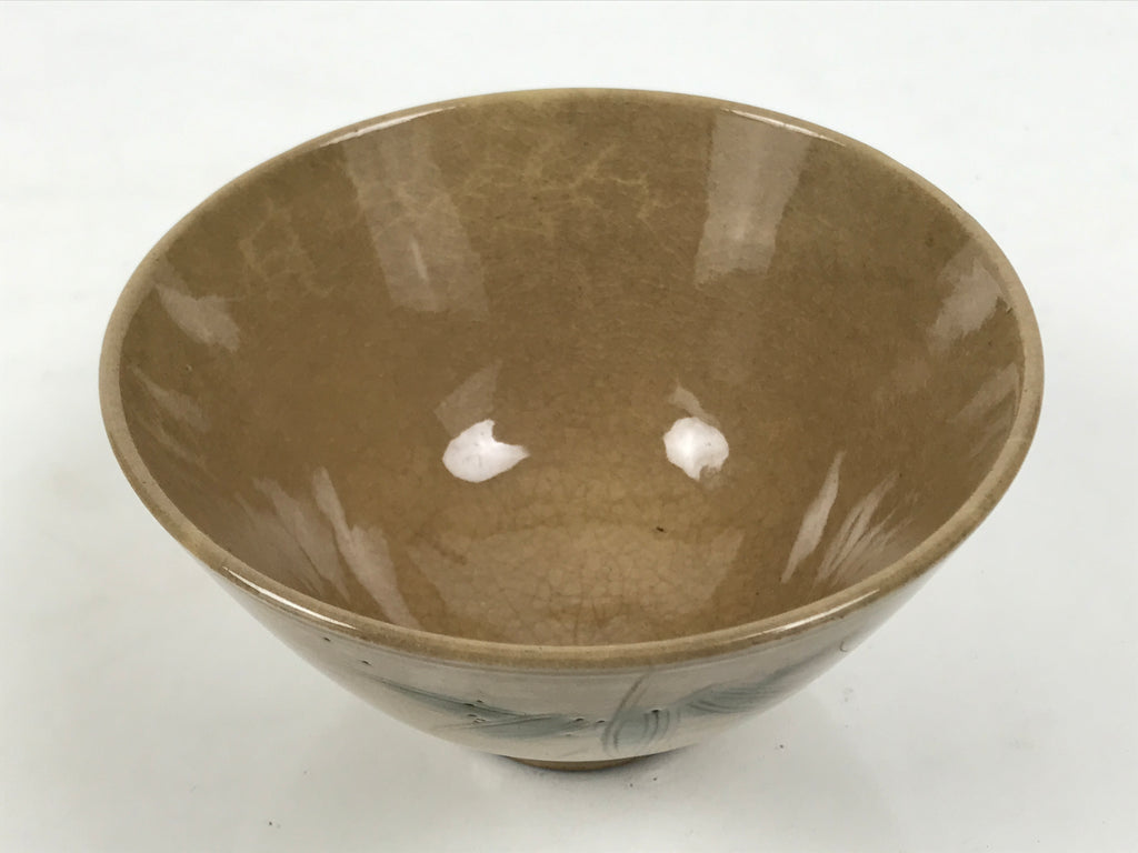 Japanese Ceramic Rice Bowl Chawan Vtg Bamboo Leaf Beige Crackle Pottery Y621-KT - Bowl-chidorivintage.com