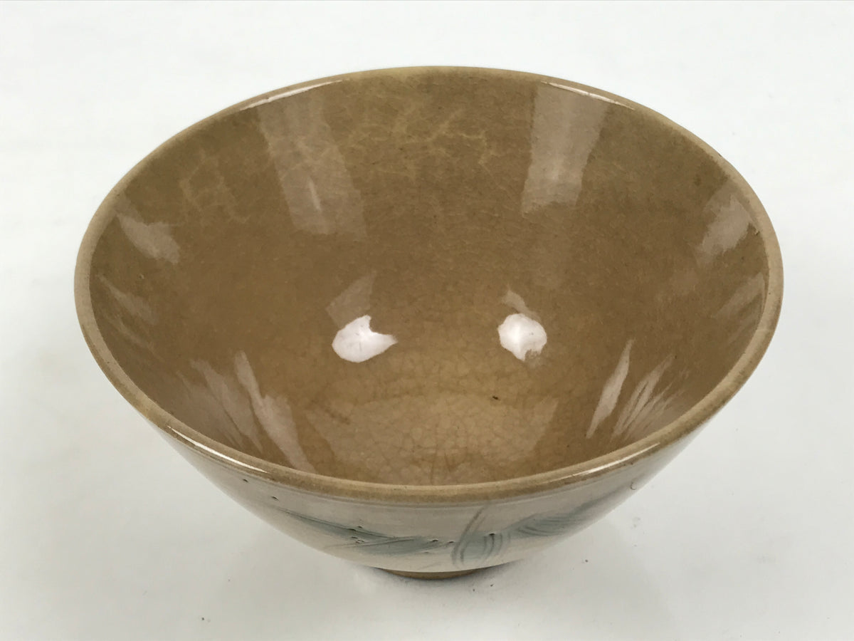 Japanese Ceramic Rice Bowl Chawan Vtg Bamboo Leaf Beige Crackle Pottery Y621-KT - Bowl-chidorivintage.com