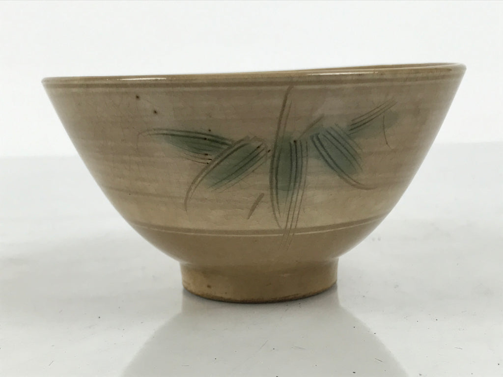 Japanese Ceramic Rice Bowl Chawan Vtg Bamboo Leaf Beige Crackle Pottery Y621-KT - Bowl-chidorivintage.com