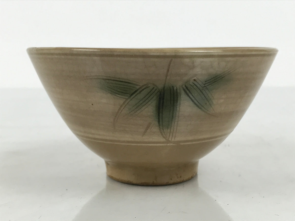 Japanese Ceramic Rice Bowl Chawan Vtg Bamboo Leaf Beige Crackle Pottery Y621-KT - Bowl-chidorivintage.com