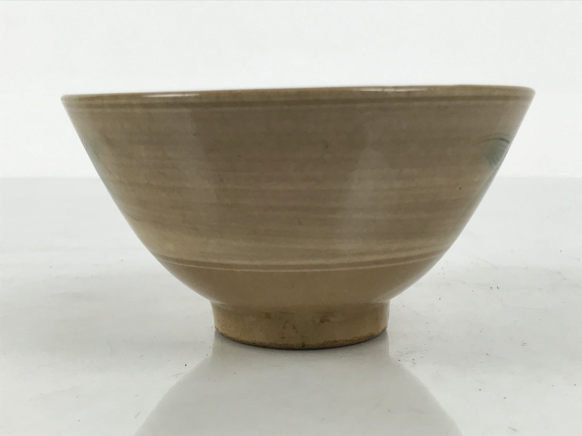 Japanese Ceramic Rice Bowl Chawan Vtg Bamboo Leaf Beige Crackle Pottery Y621-KT - Bowl-chidorivintage.com